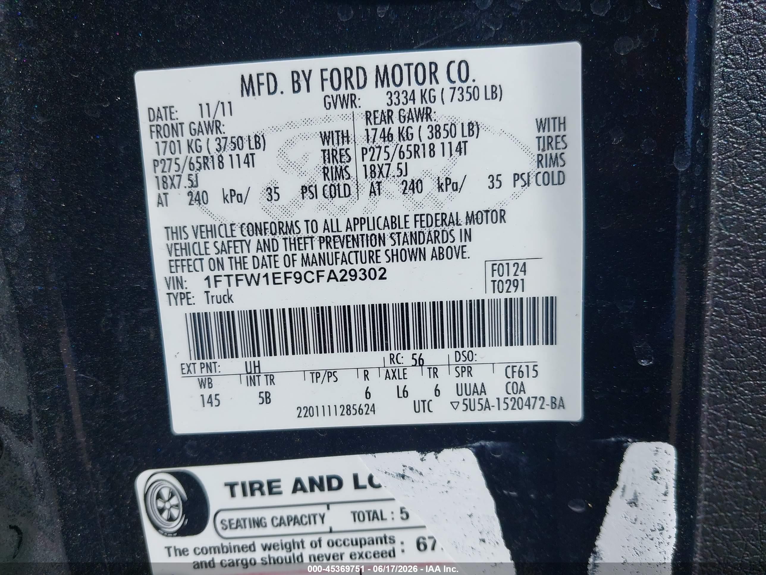 2012 Ford F-150 Fx4 Black vin: 1FTFW1EF9CFA29302