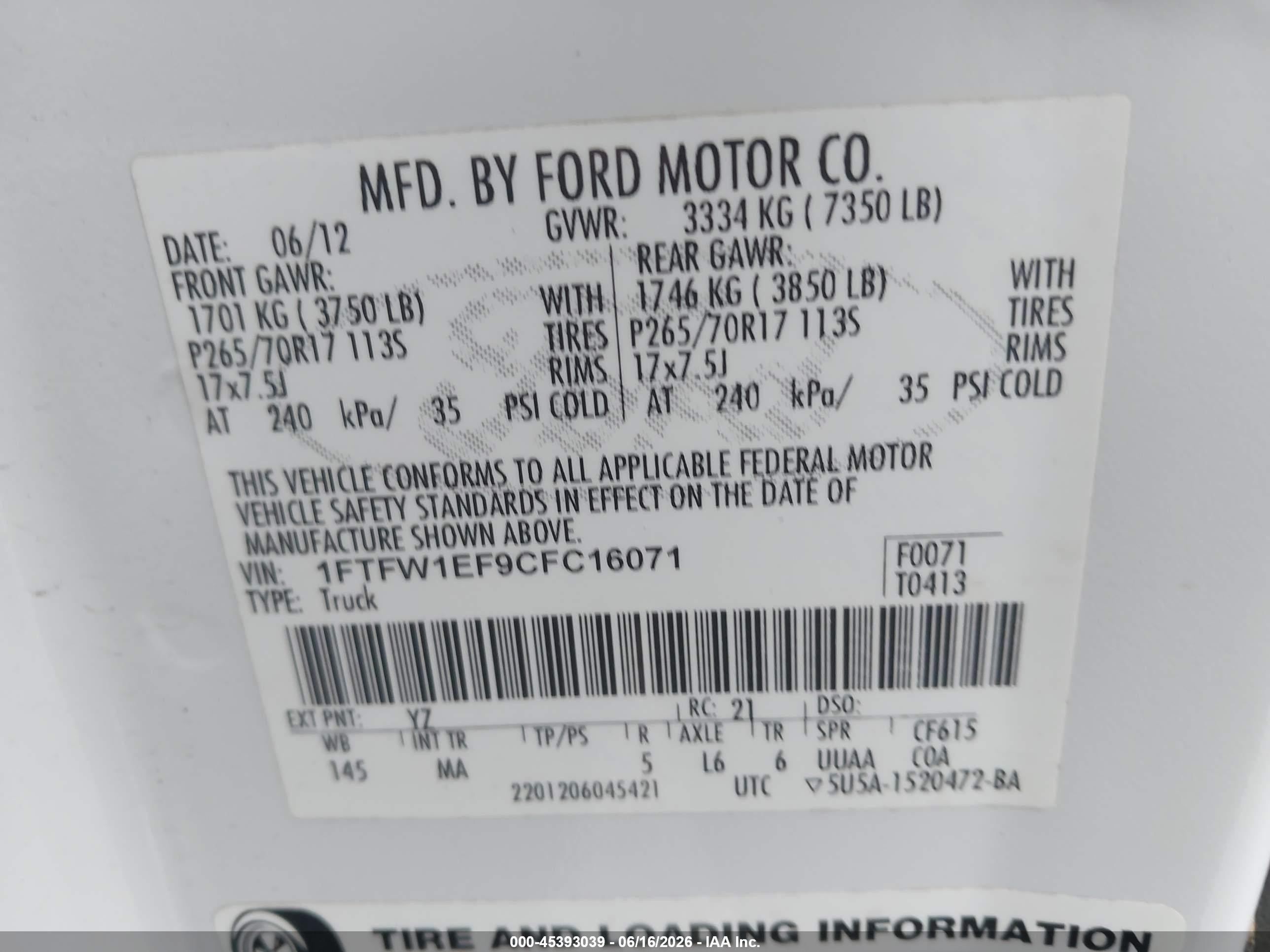 2012 Ford F-150 Fx4/king Ranch/lariat/platinum/xl/xlt Белый vin: 1FTFW1EF9CFC16071