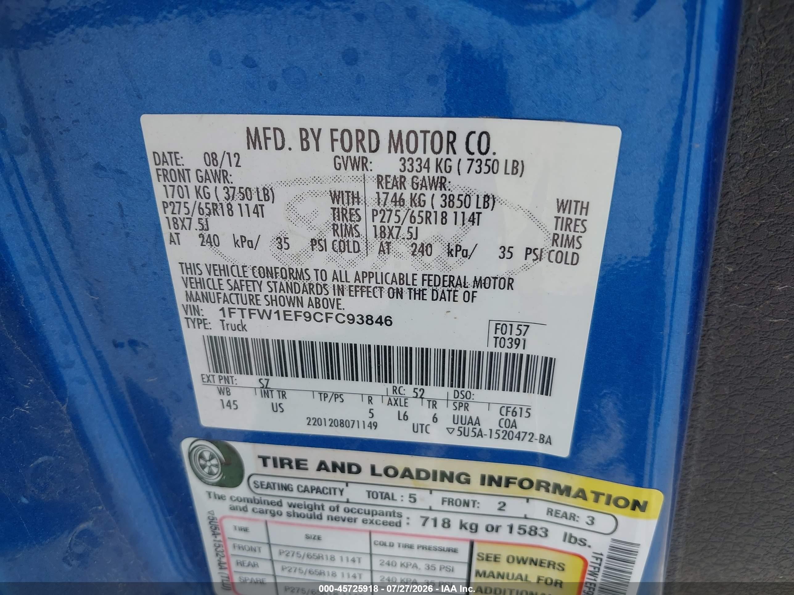 2012 Ford F-150 Xlt Blue vin: 1FTFW1EF9CFC93846