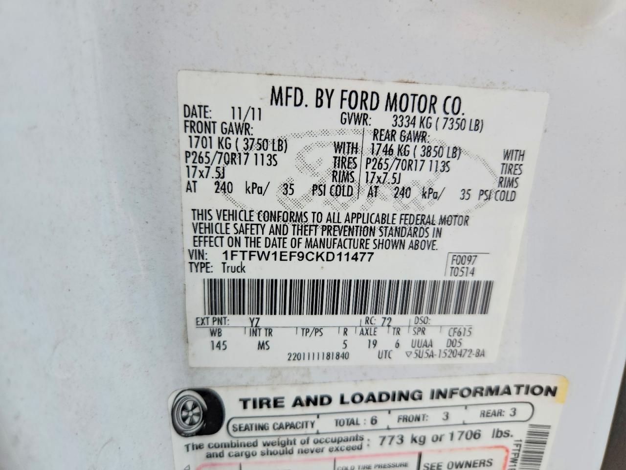 2012 Ford F150 Supercrew White vin: 1FTFW1EF9CKD11477