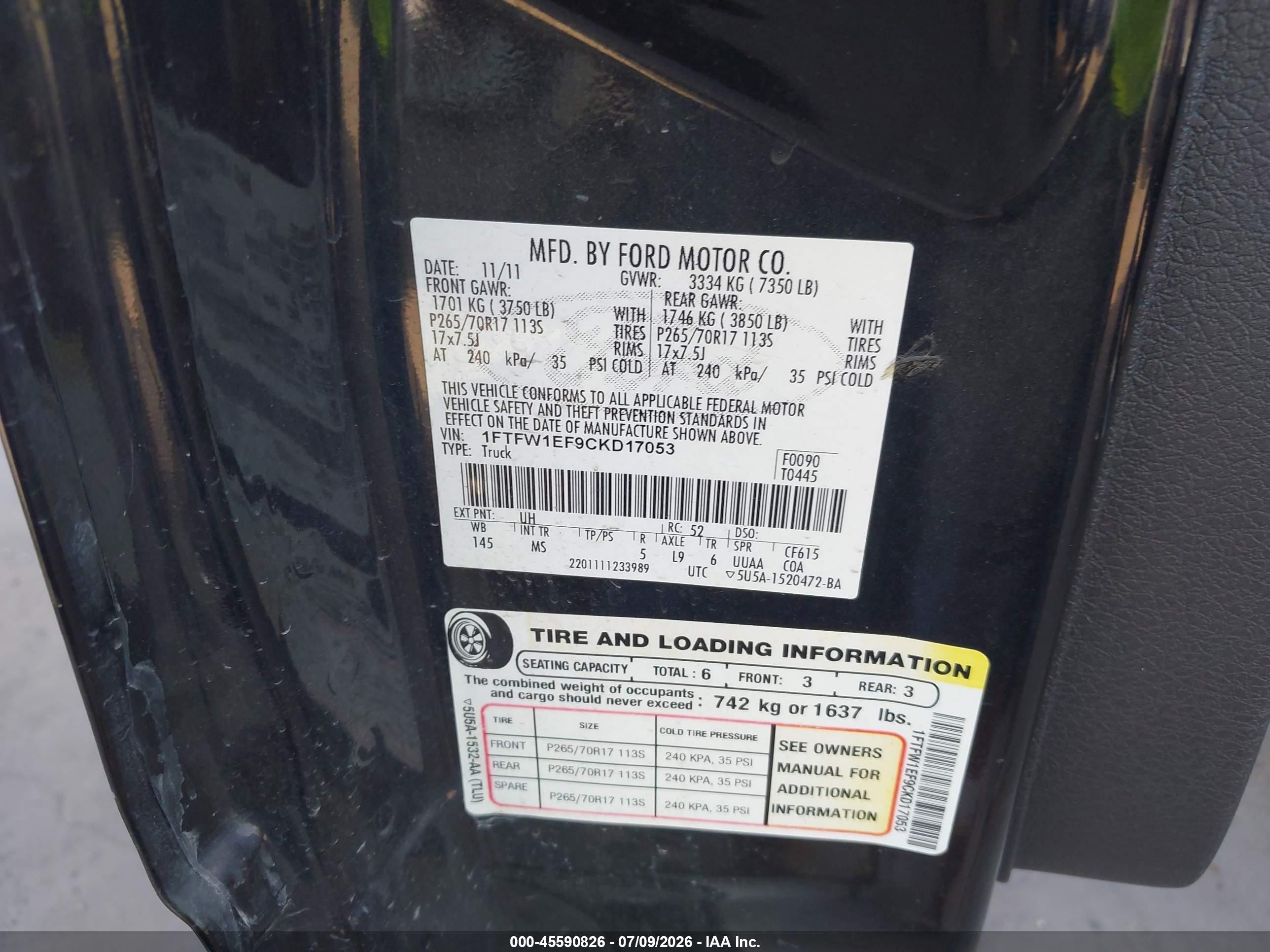 2012 Ford F-150 Xlt Black vin: 1FTFW1EF9CKD17053