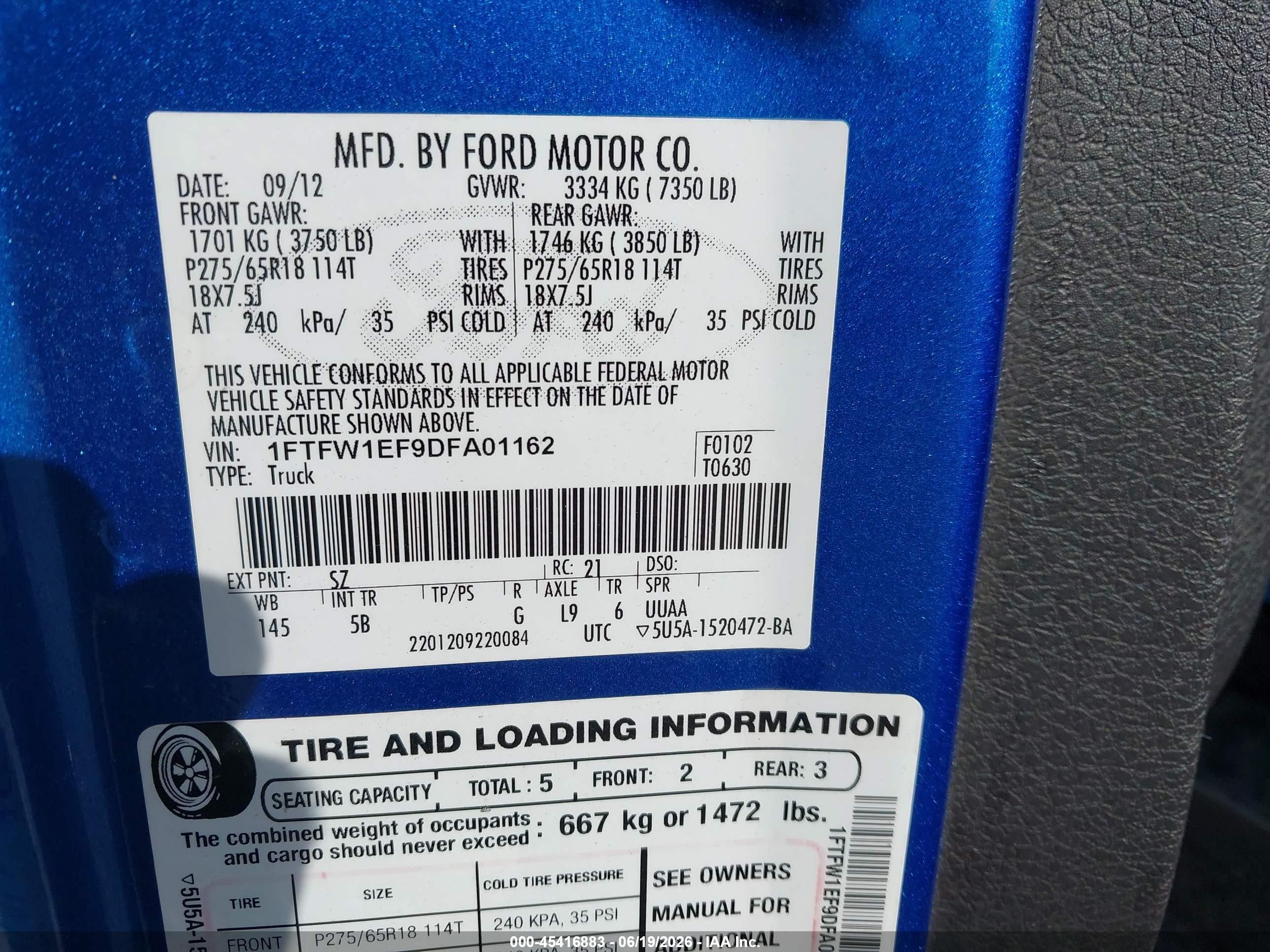 2013 Ford F-150 Fx4/king Ranch/lariat/platinum/xl/xlt Blue vin: 1FTFW1EF9DFA01162