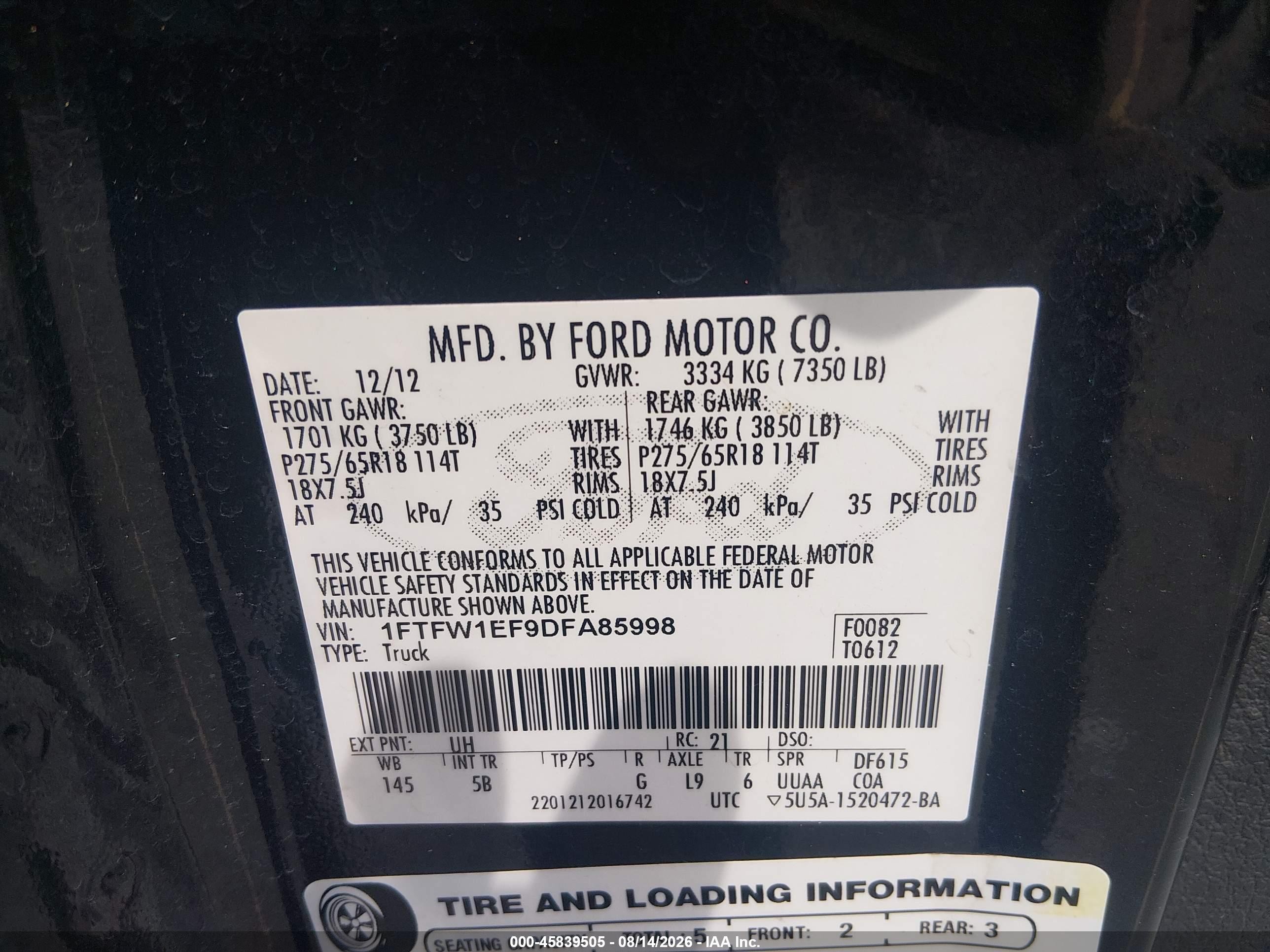 2013 Ford F-150 Fx4 Black vin: 1FTFW1EF9DFA85998