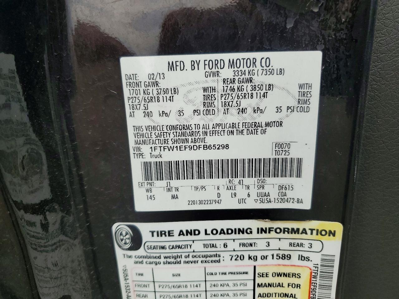 2013 Ford F150 Supercrew Black vin: 1FTFW1EF9DFB65298