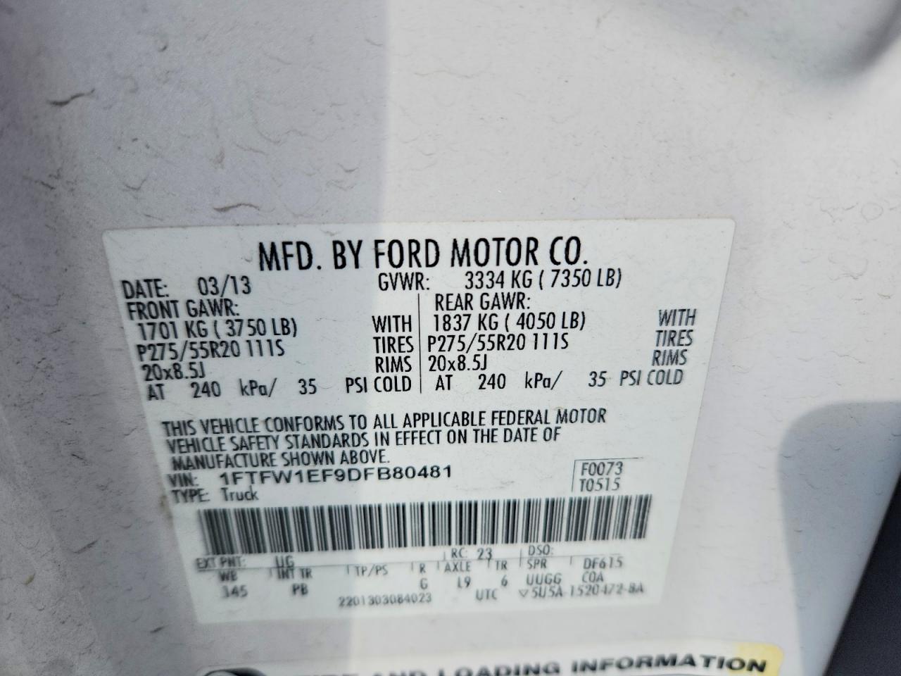 2013 Ford F150 Supercrew White vin: 1FTFW1EF9DFB80481