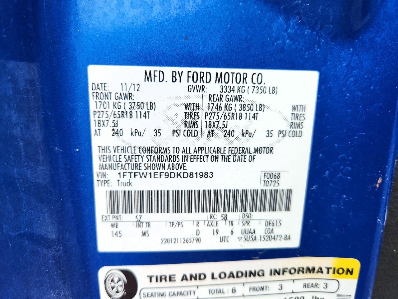 2013 Ford F150 Supercrew Blue vin: 1FTFW1EF9DKD81983