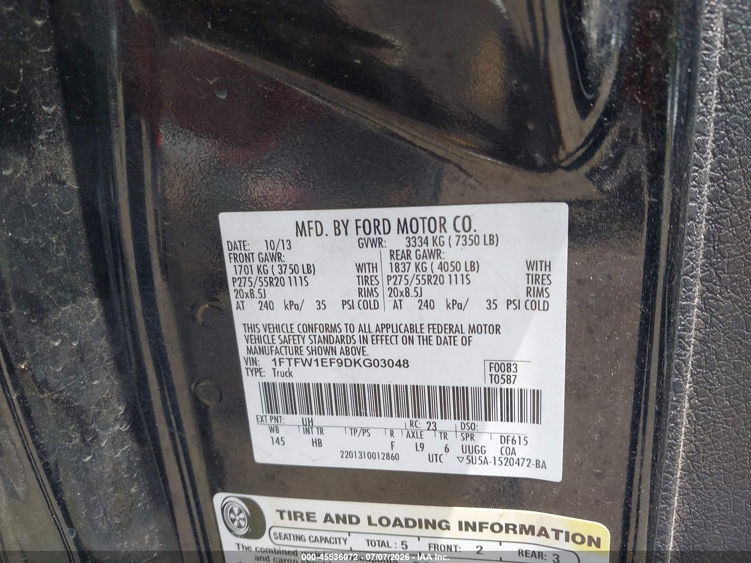 2013 Ford F-150 Fx4/king Ranch/lariat/platinum/xl/xlt Black vin: 1FTFW1EF9DKG03048