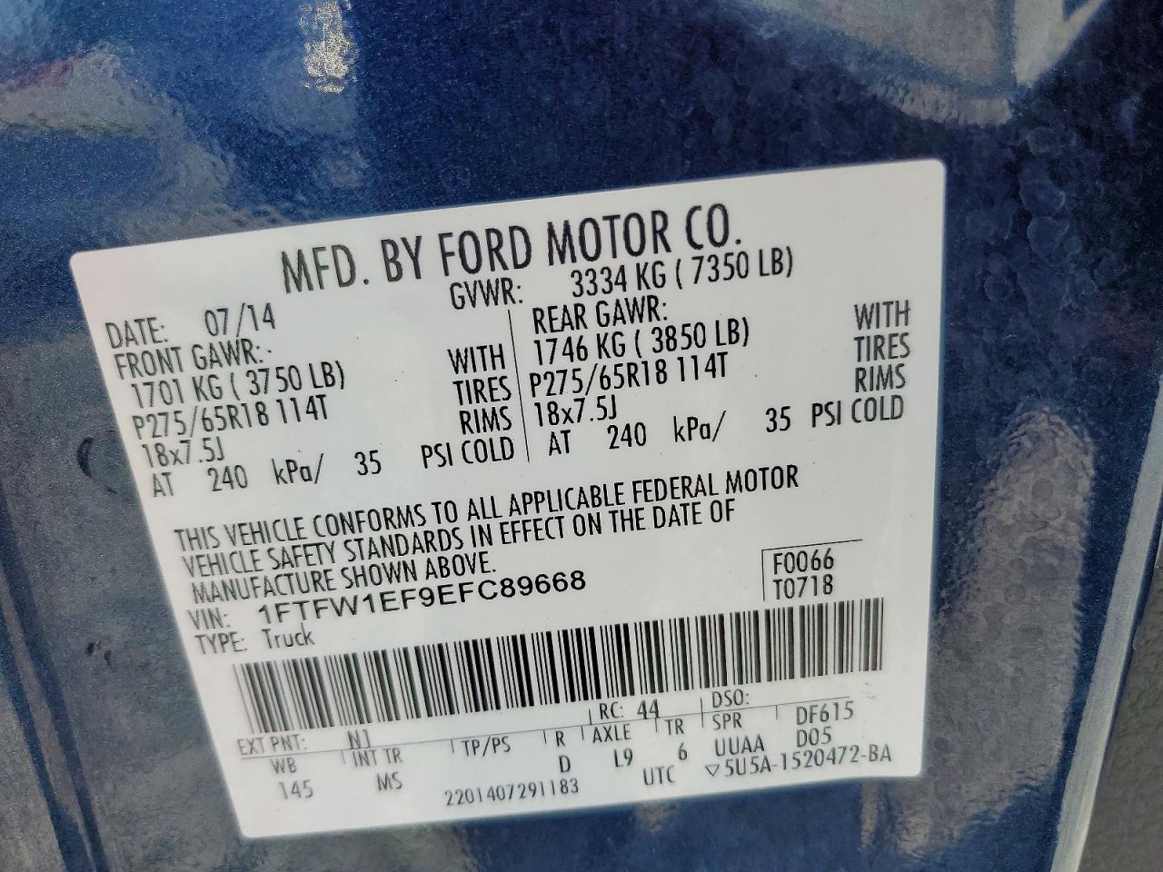 2014 Ford F150 Supercrew Blue vin: 1FTFW1EF9EFC89668