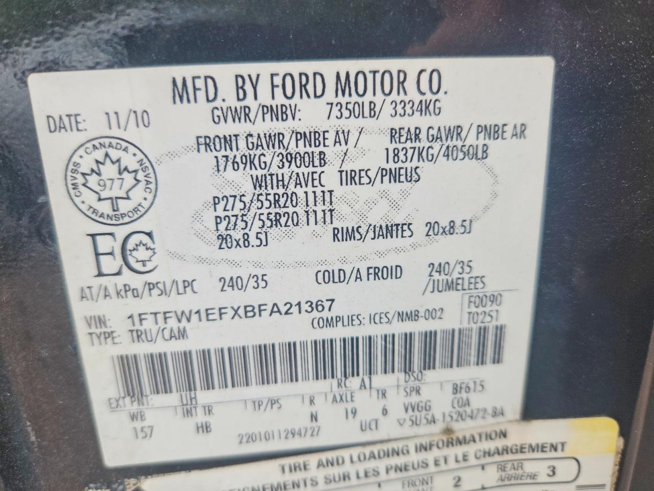 2011 Ford F150 Supercrew Черный vin: 1FTFW1EFXBFA21367
