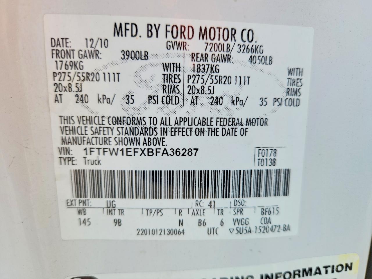 2011 Ford F150 Supercrew White vin: 1FTFW1EFXBFA36287