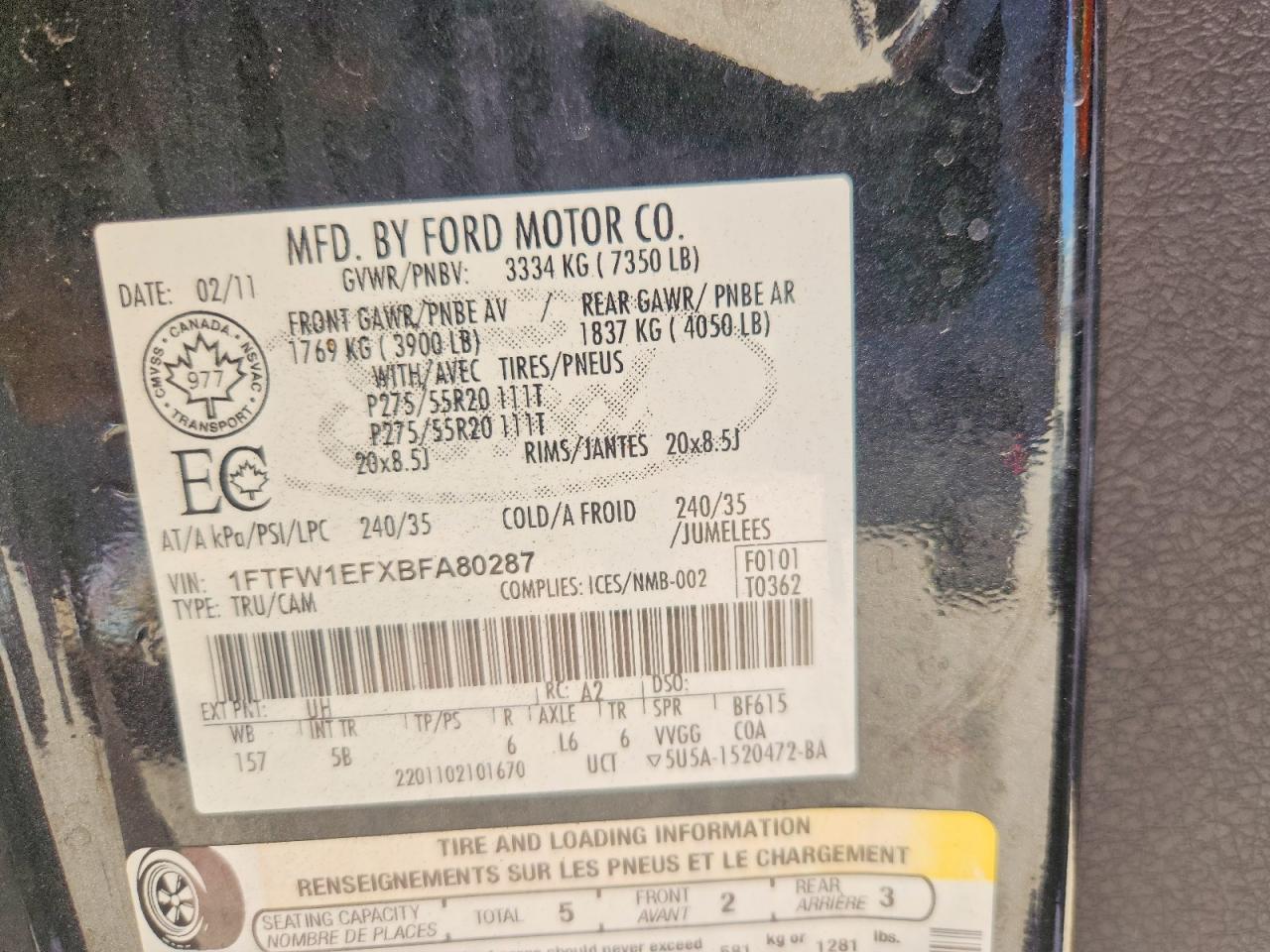 2011 Ford F150 Supercrew Black vin: 1FTFW1EFXBFA80287