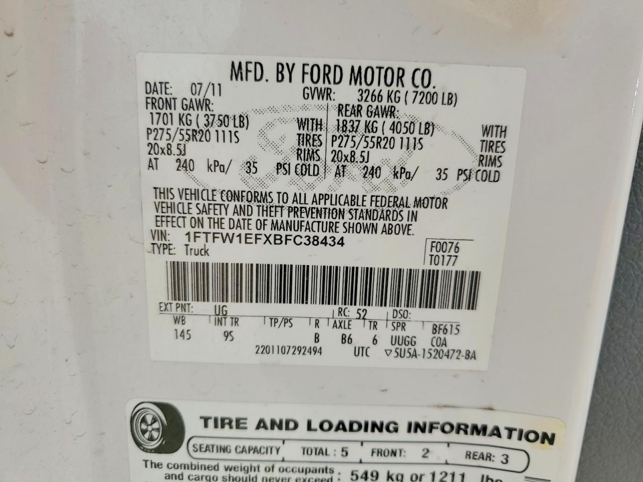 2011 Ford F150 Supercrew White vin: 1FTFW1EFXBFC38434
