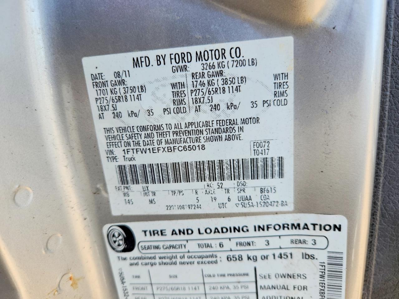 2011 Ford F150 Supercrew Silver vin: 1FTFW1EFXBFC65018