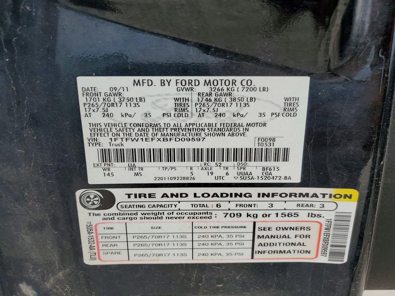 2011 Ford F150 Supercrew Black vin: 1FTFW1EFXBFD09597