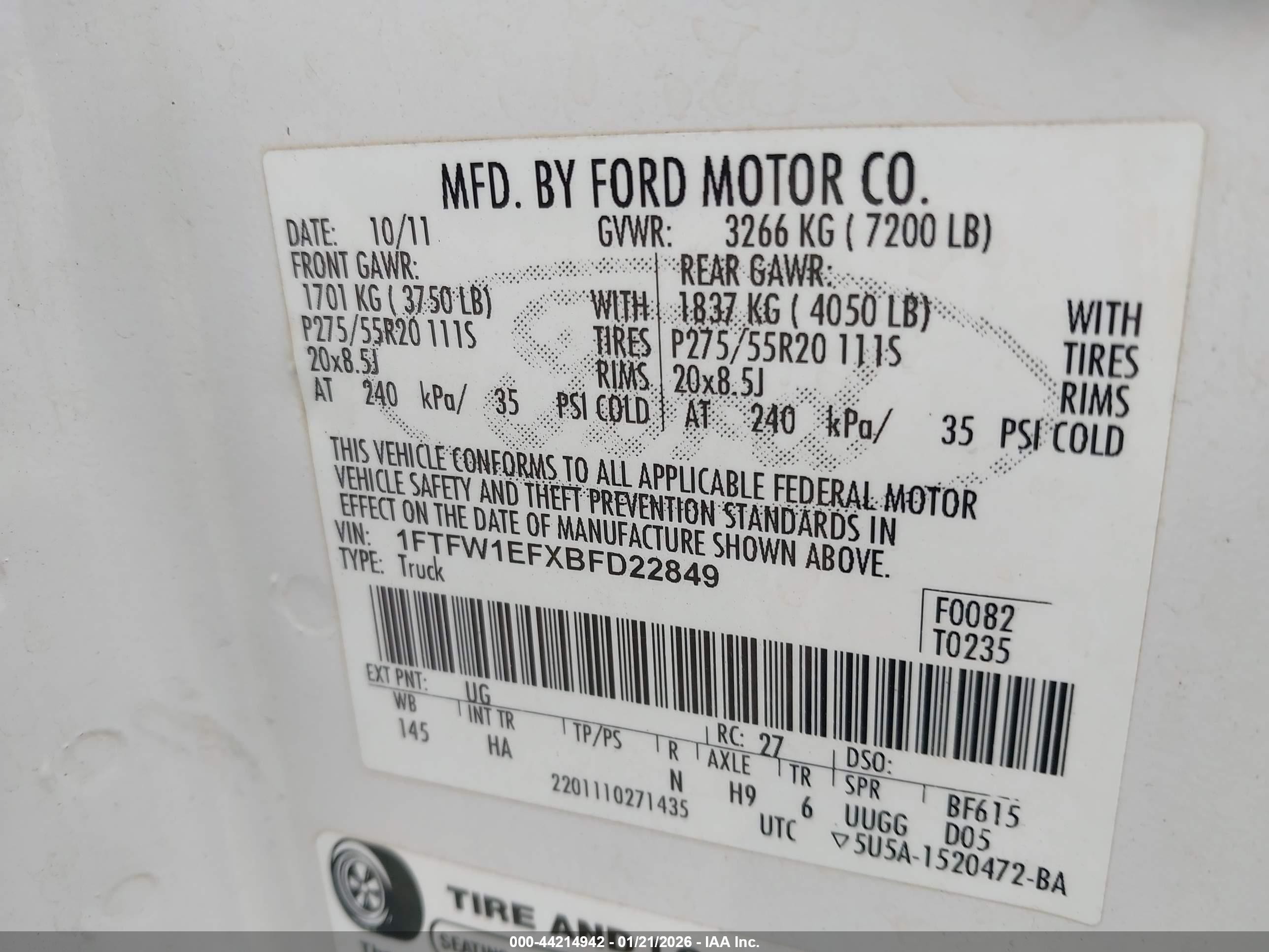 2011 Ford F-150 Lariat White vin: 1FTFW1EFXBFD22849