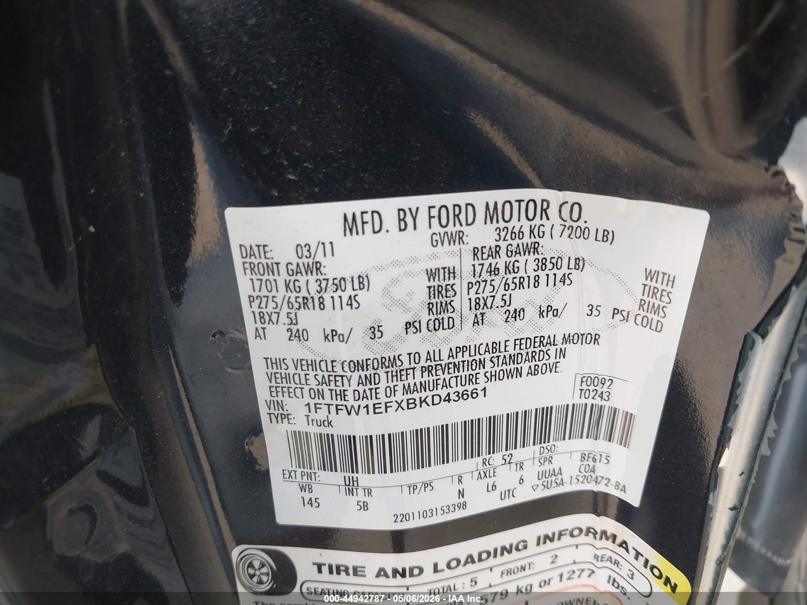 2011 Ford F-150 Fx4 Black vin: 1FTFW1EFXBKD43661