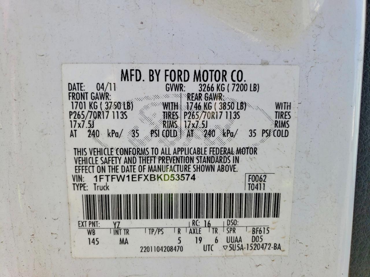 2011 Ford F150 Supercrew Белый vin: 1FTFW1EFXBKD53574