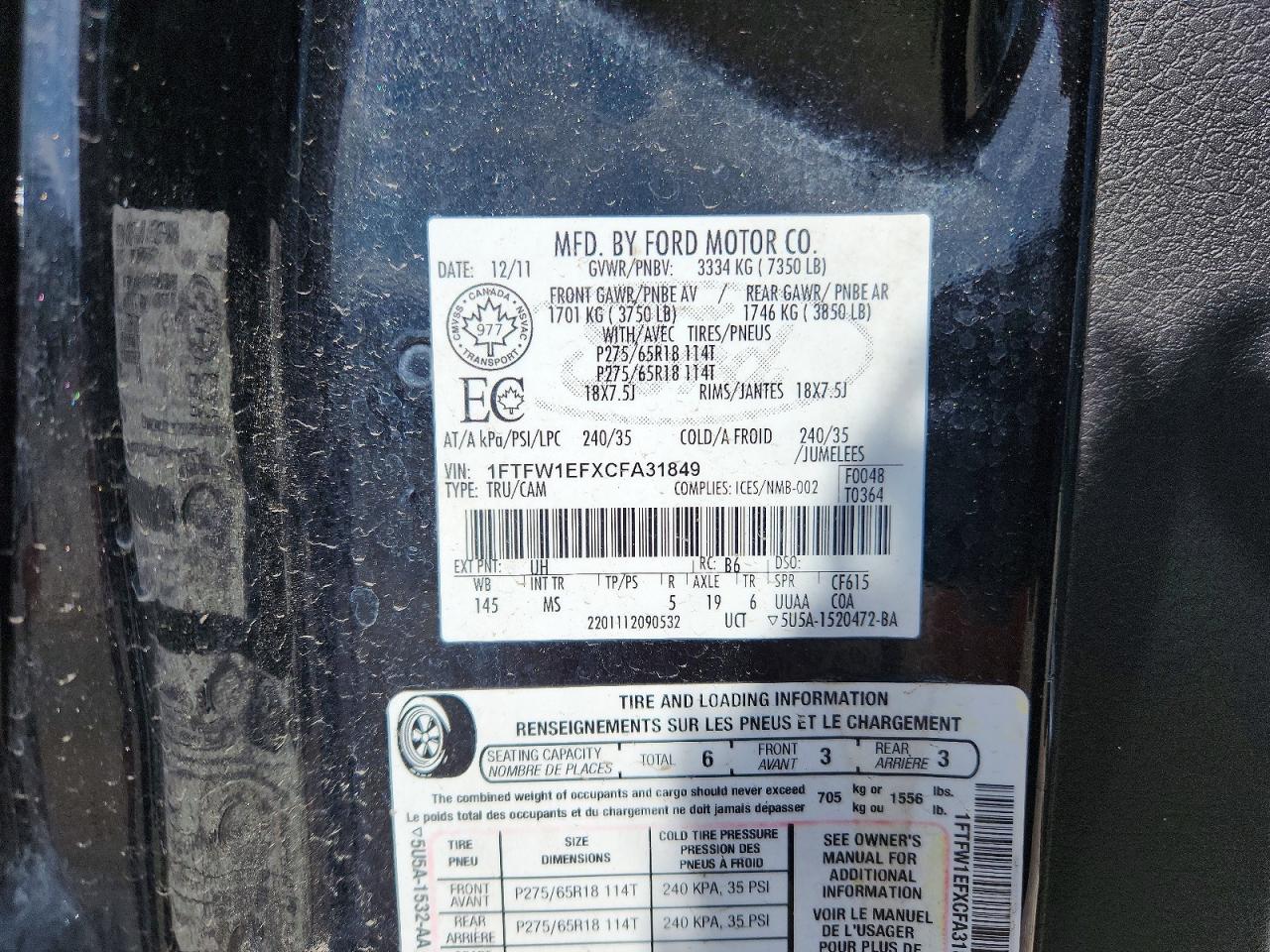 2012 Ford F150 Supercrew Black vin: 1FTFW1EFXCFA31849