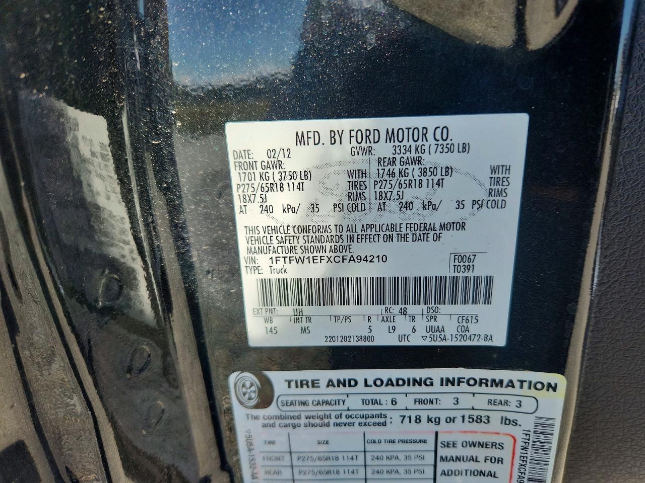 2012 Ford F150 Supercrew Black vin: 1FTFW1EFXCFA94210