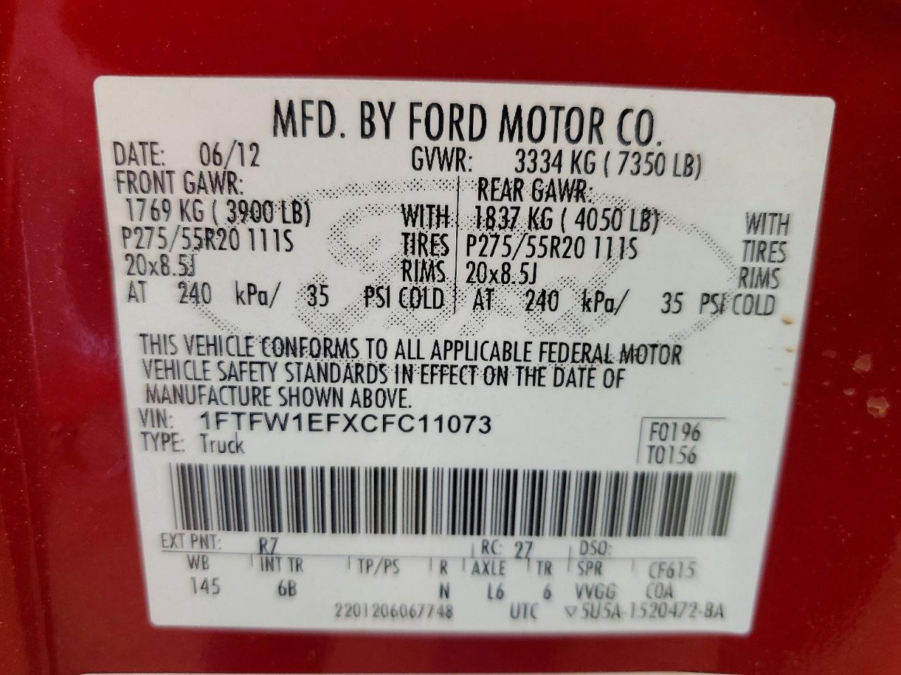 2012 Ford F150 Supercrew Красный vin: 1FTFW1EFXCFC11073