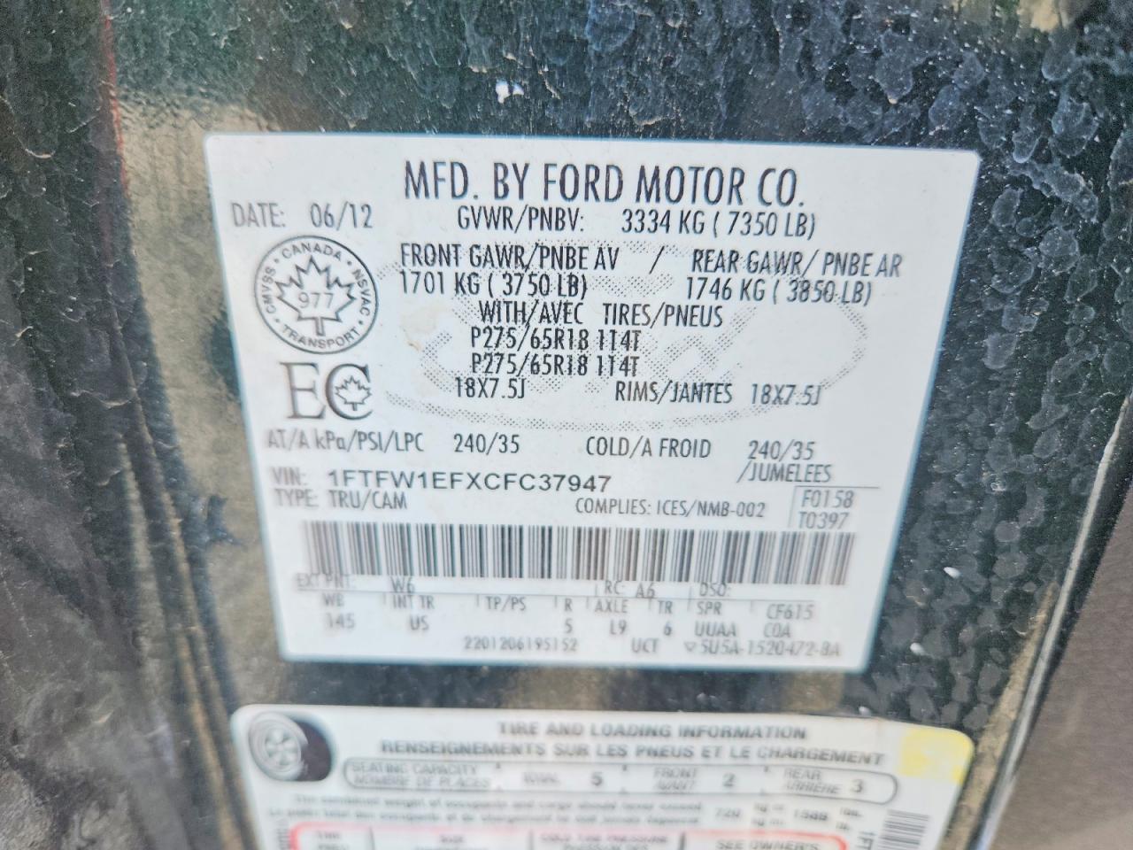 2012 Ford F150 Supercrew Green vin: 1FTFW1EFXCFC37947