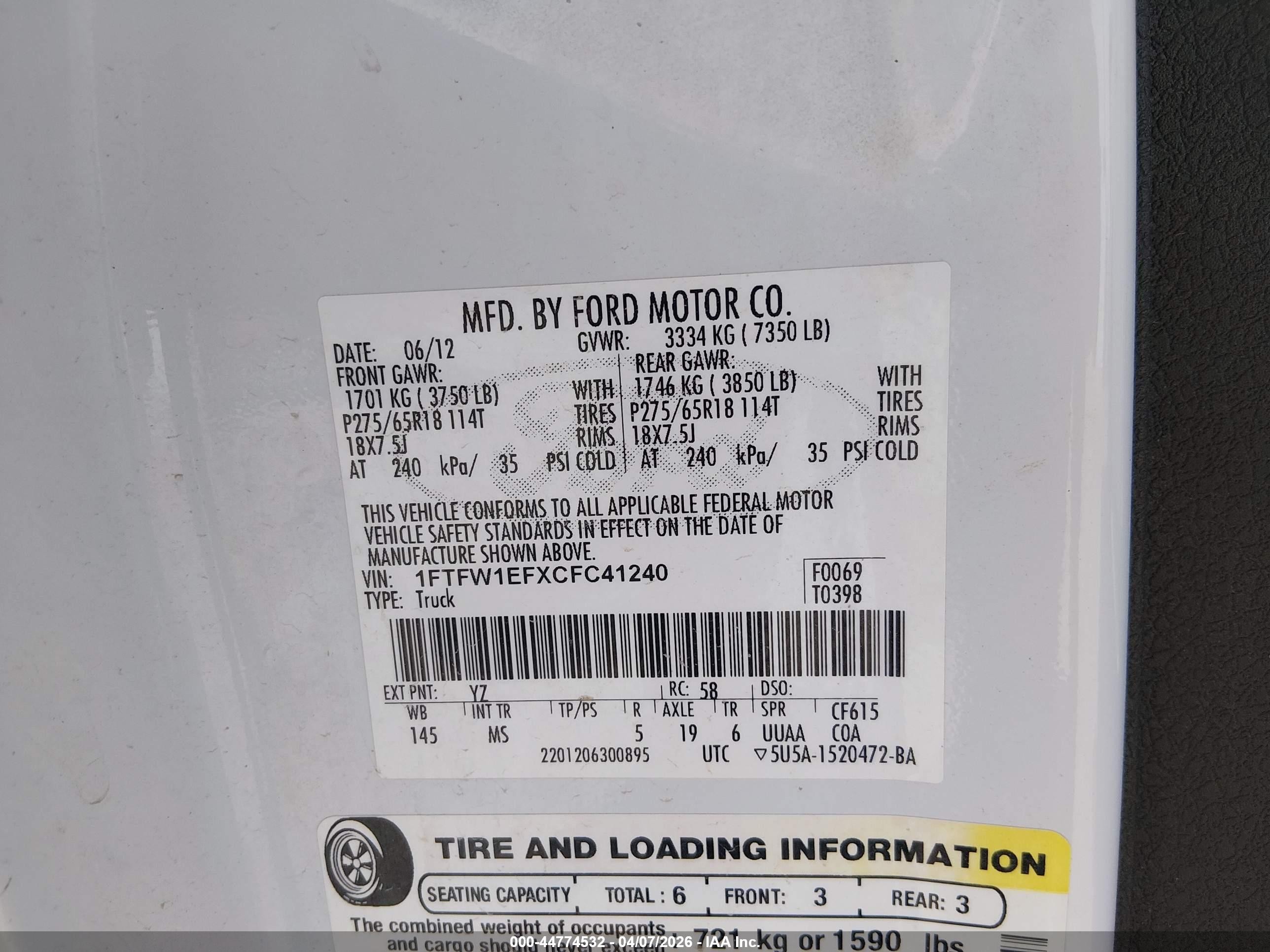 2012 Ford F-150 Xlt White vin: 1FTFW1EFXCFC41240