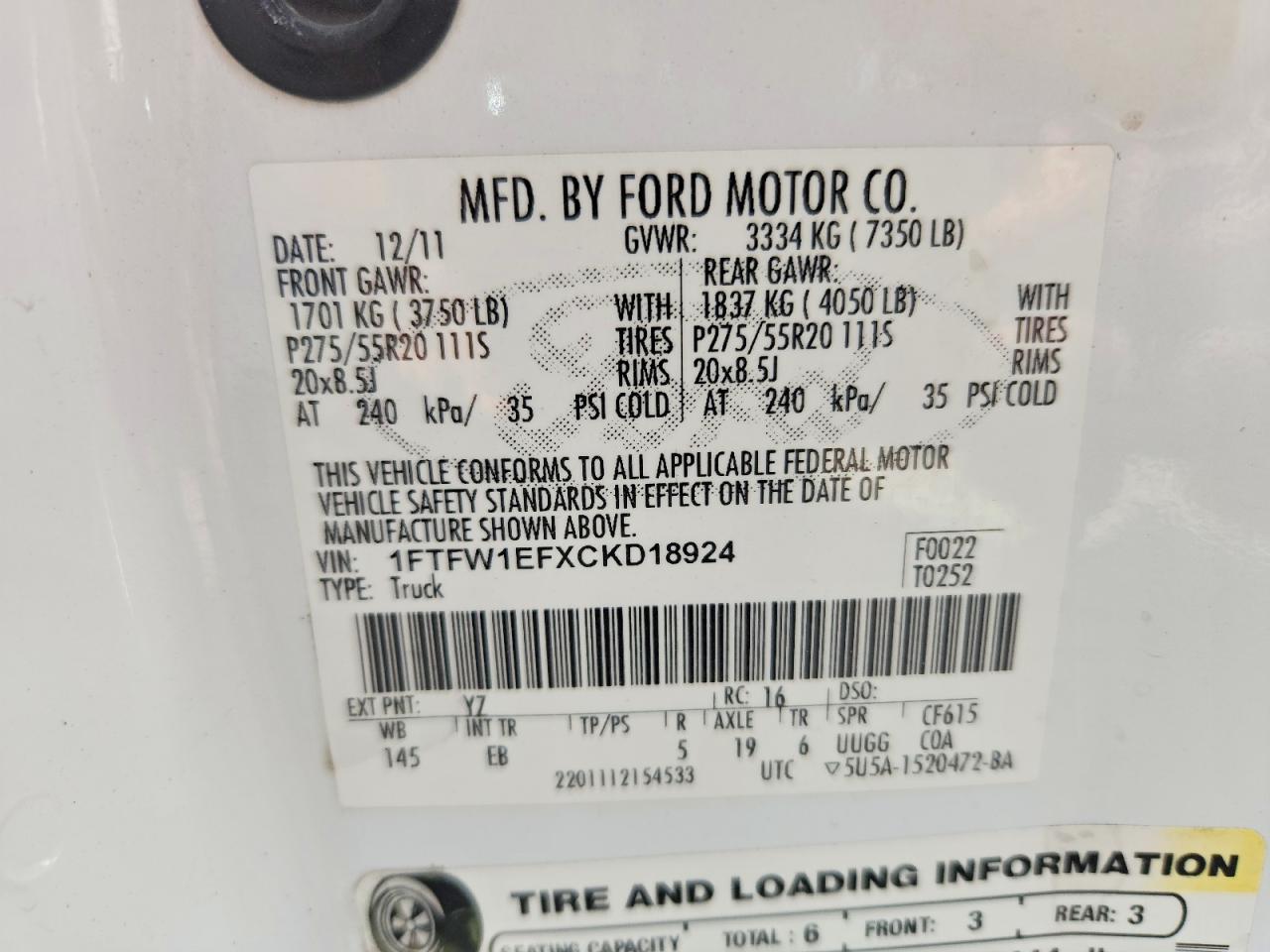2012 Ford F150 Supercrew White vin: 1FTFW1EFXCKD18924