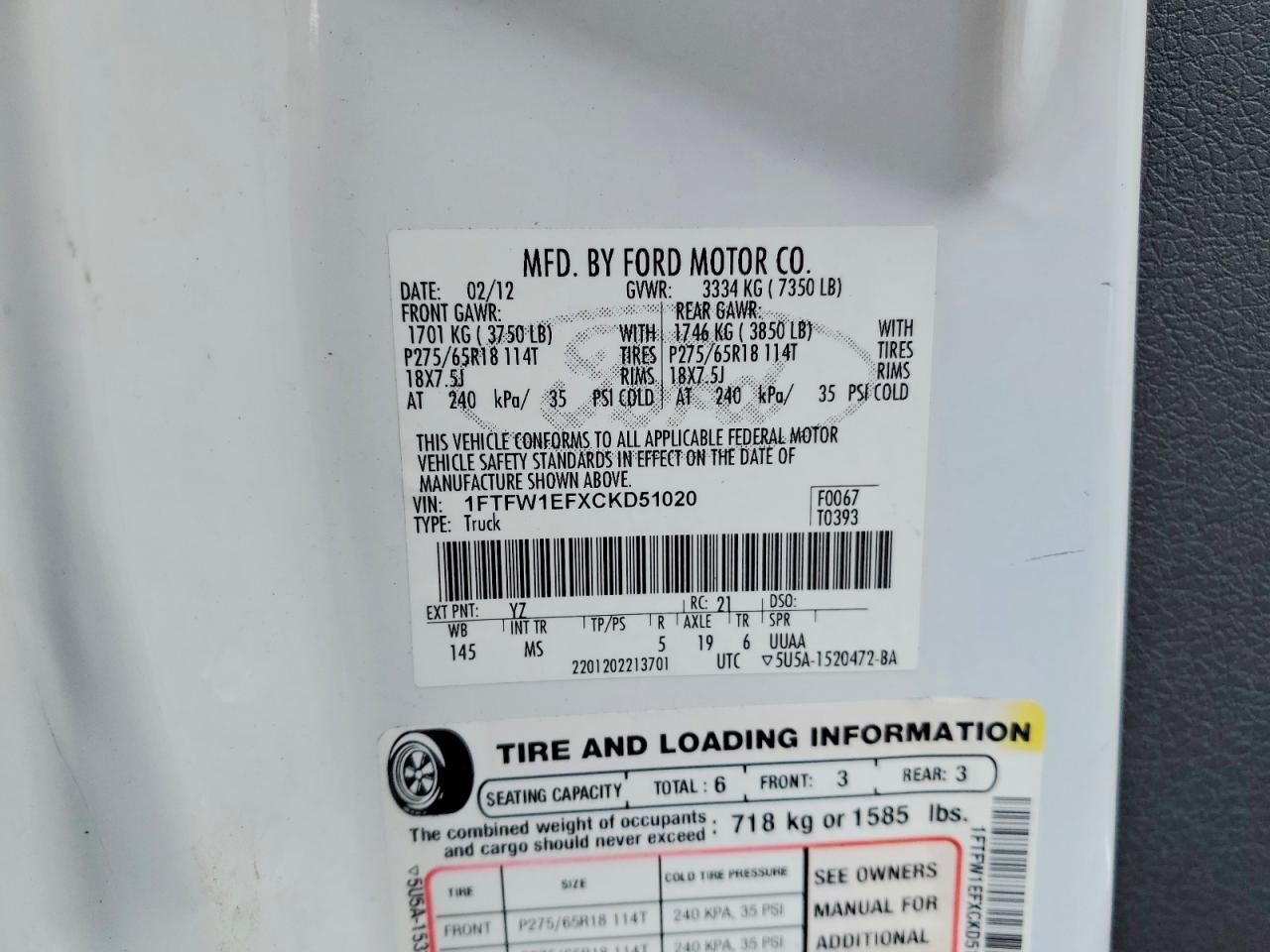2012 Ford F150 Supercrew White vin: 1FTFW1EFXCKD51020