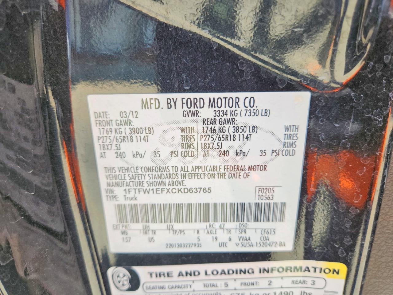 2012 Ford F150 Black vin: 1FTFW1EFXCKD63765