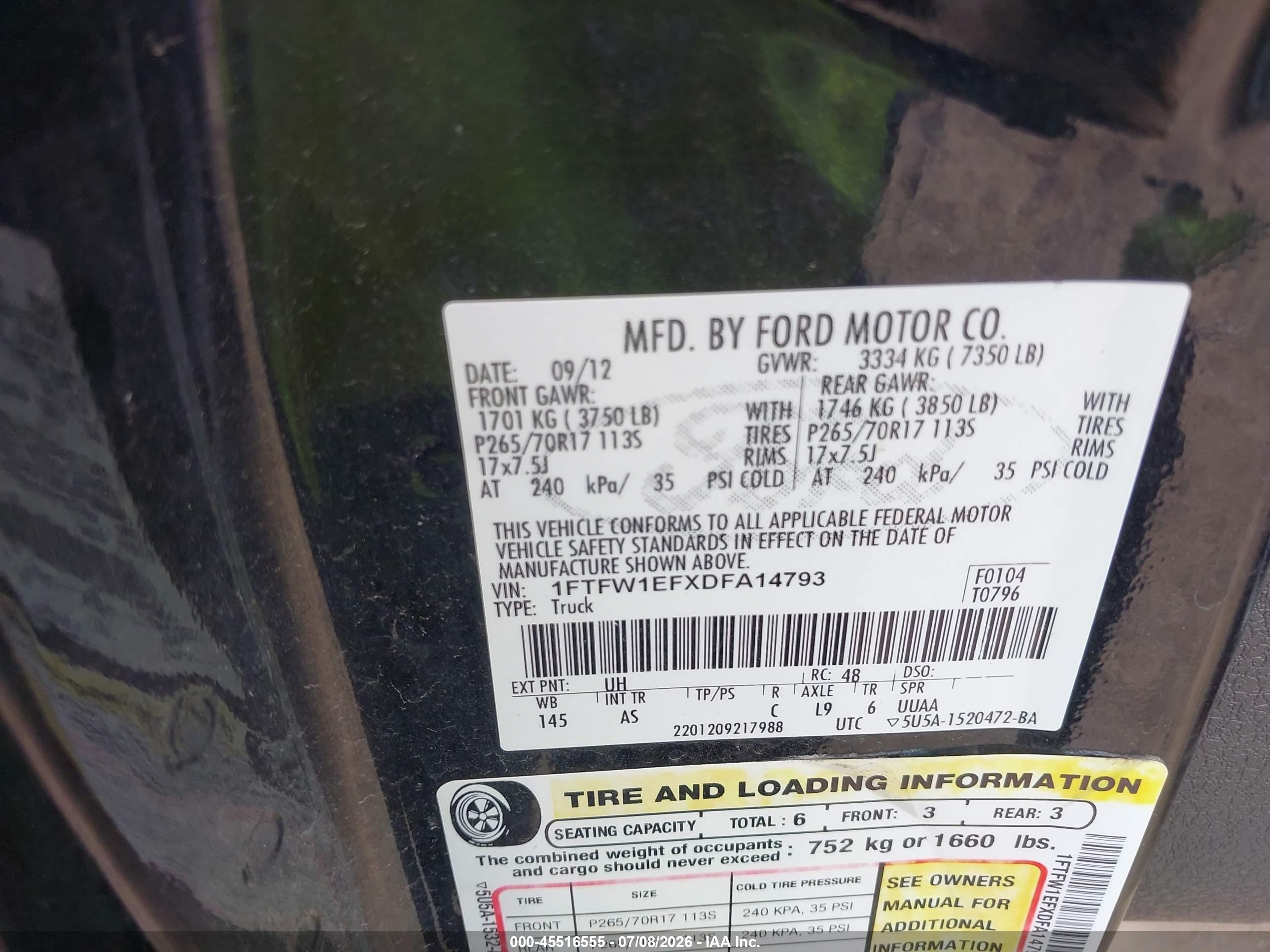 2013 Ford F-150 Fx4/king Ranch/lariat/platinum/xl/xlt Black vin: 1FTFW1EFXDFA14793