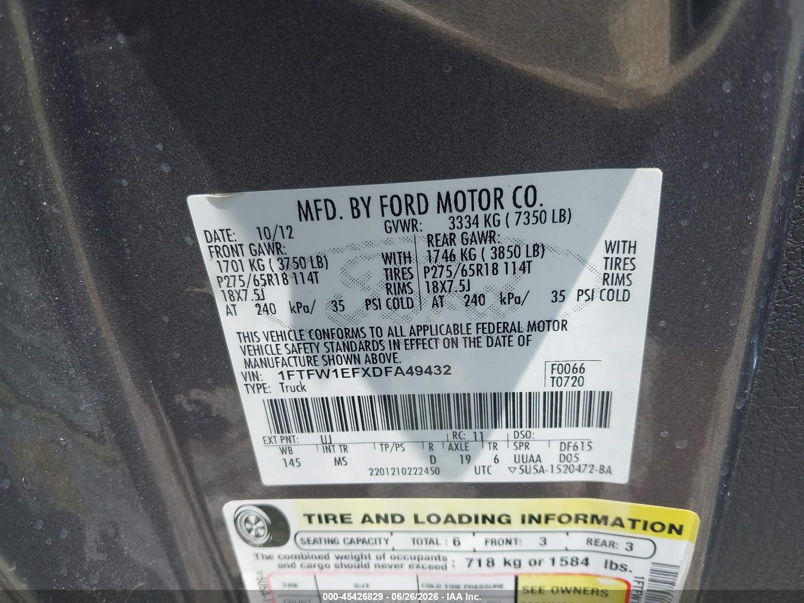2013 Ford F-150 Fx4/king Ranch/lariat/platinum/xl/xlt Gray vin: 1FTFW1EFXDFA49432