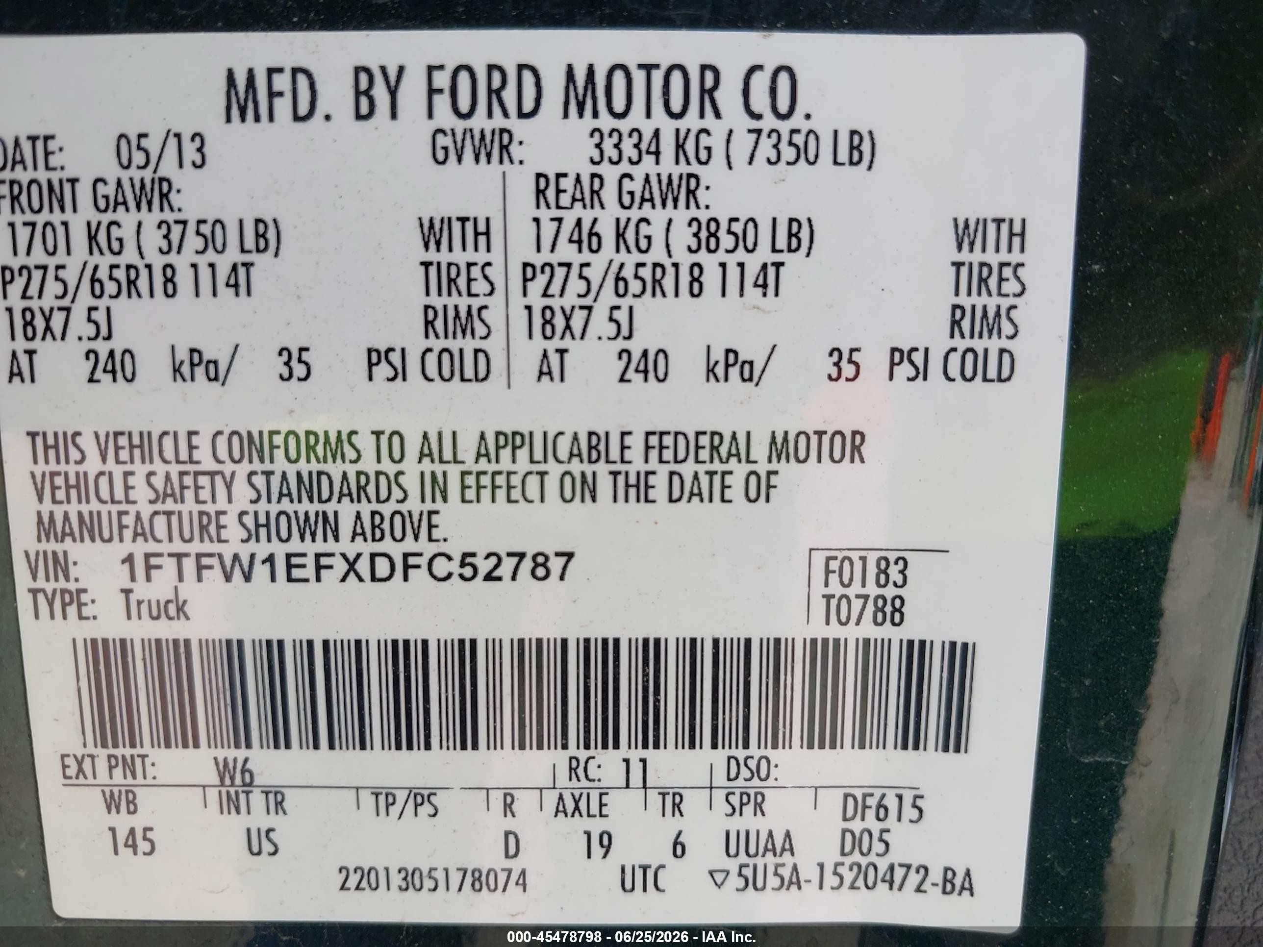 2013 Ford F-150 Fx4/king Ranch/lariat/platinum/xl/xlt Green vin: 1FTFW1EFXDFC52787