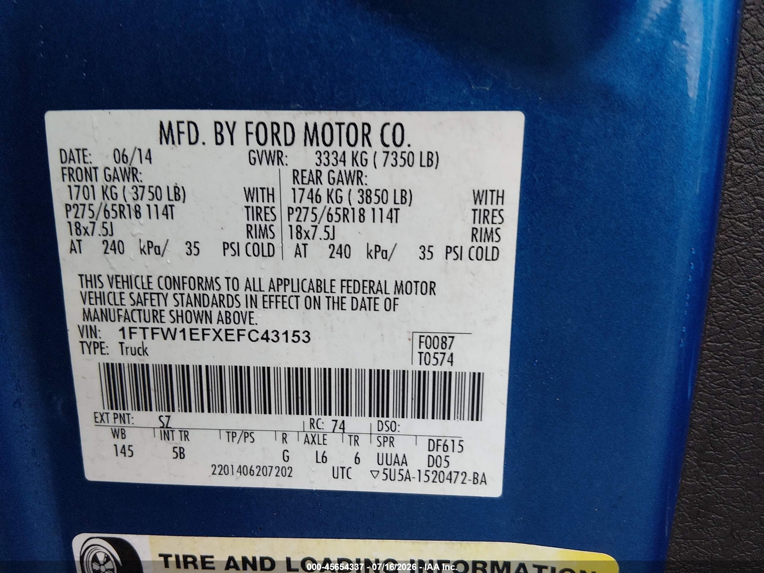 2014 Ford F-150 Fx4 Blue vin: 1FTFW1EFXEFC43153