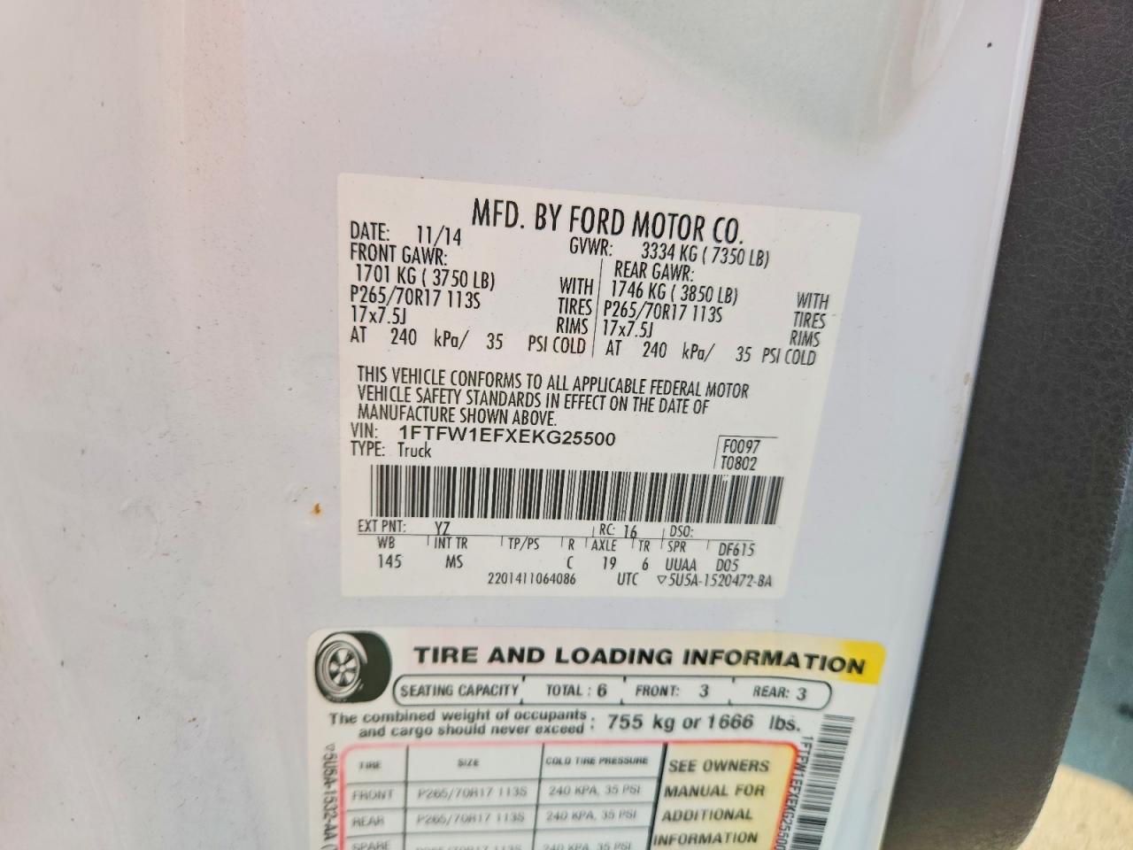 2014 Ford F150 Supercrew White vin: 1FTFW1EFXEKG25500