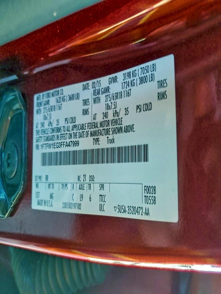 2015 Ford F150 Supercrew Red vin: 1FTFW1EG3FFA47999