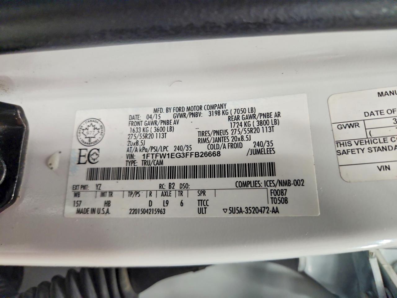 2015 Ford F150 Supercrew White vin: 1FTFW1EG3FFB26668