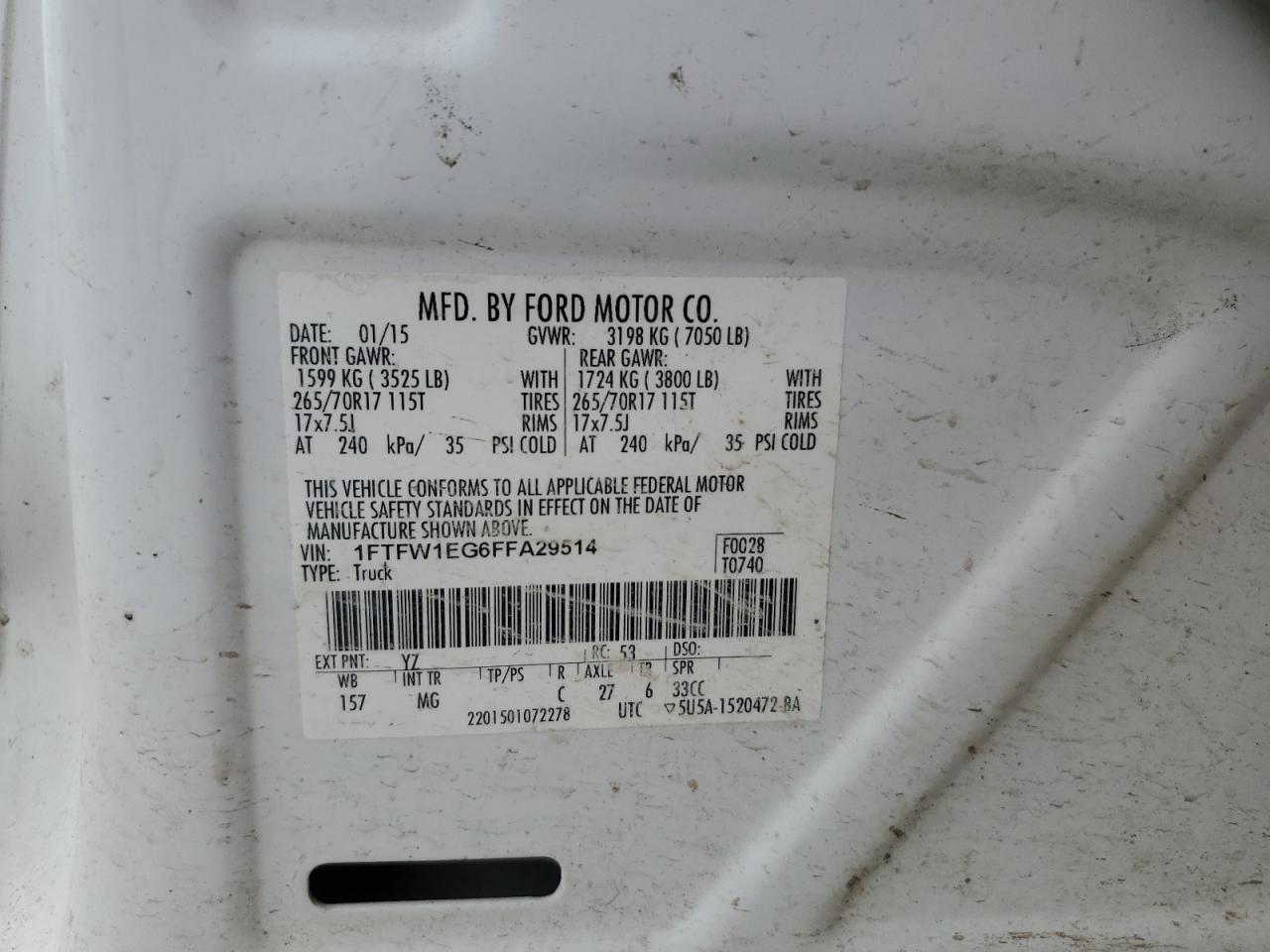 2015 Ford F150 Supercrew Белый vin: 1FTFW1EG6FFA29514