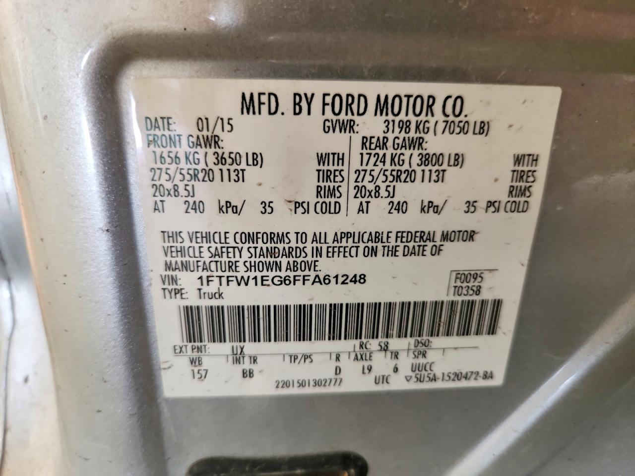2015 Ford F150 Supercrew Silver vin: 1FTFW1EG6FFA61248