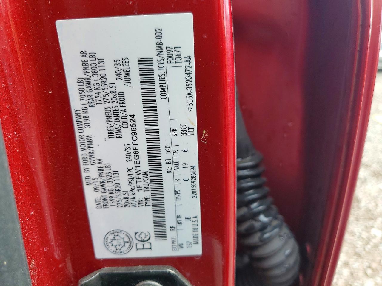 2015 Ford F150 Supercrew Red vin: 1FTFW1EG6FFC96524
