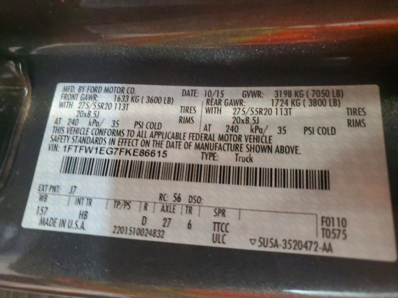 2015 Ford F150 Supercrew Charcoal vin: 1FTFW1EG7FKE86615