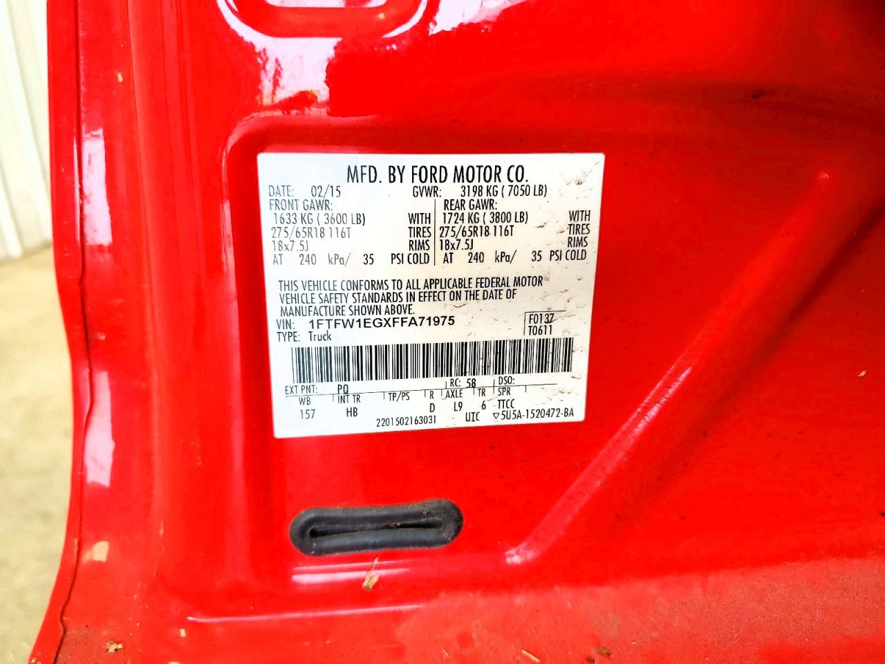 2015 Ford F150 Supercrew Red vin: 1FTFW1EGXFFA71975