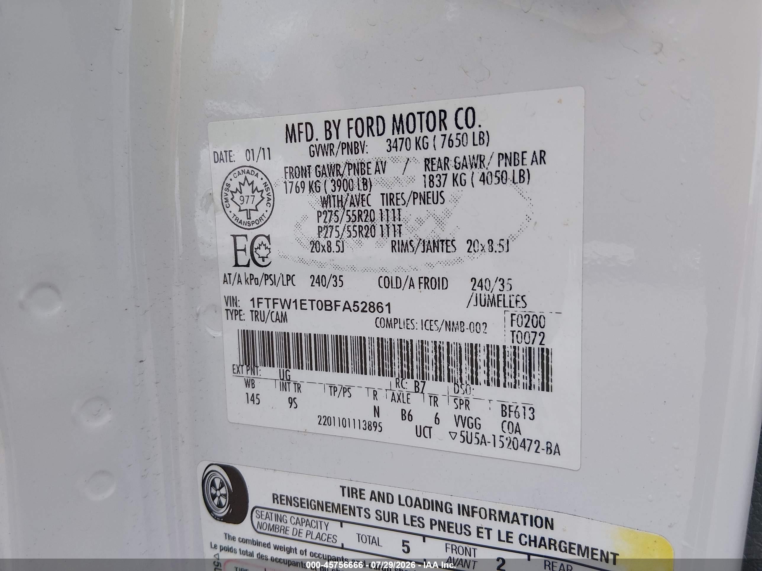 2011 Ford F-150 Platinum White vin: 1FTFW1ET0BFA52861