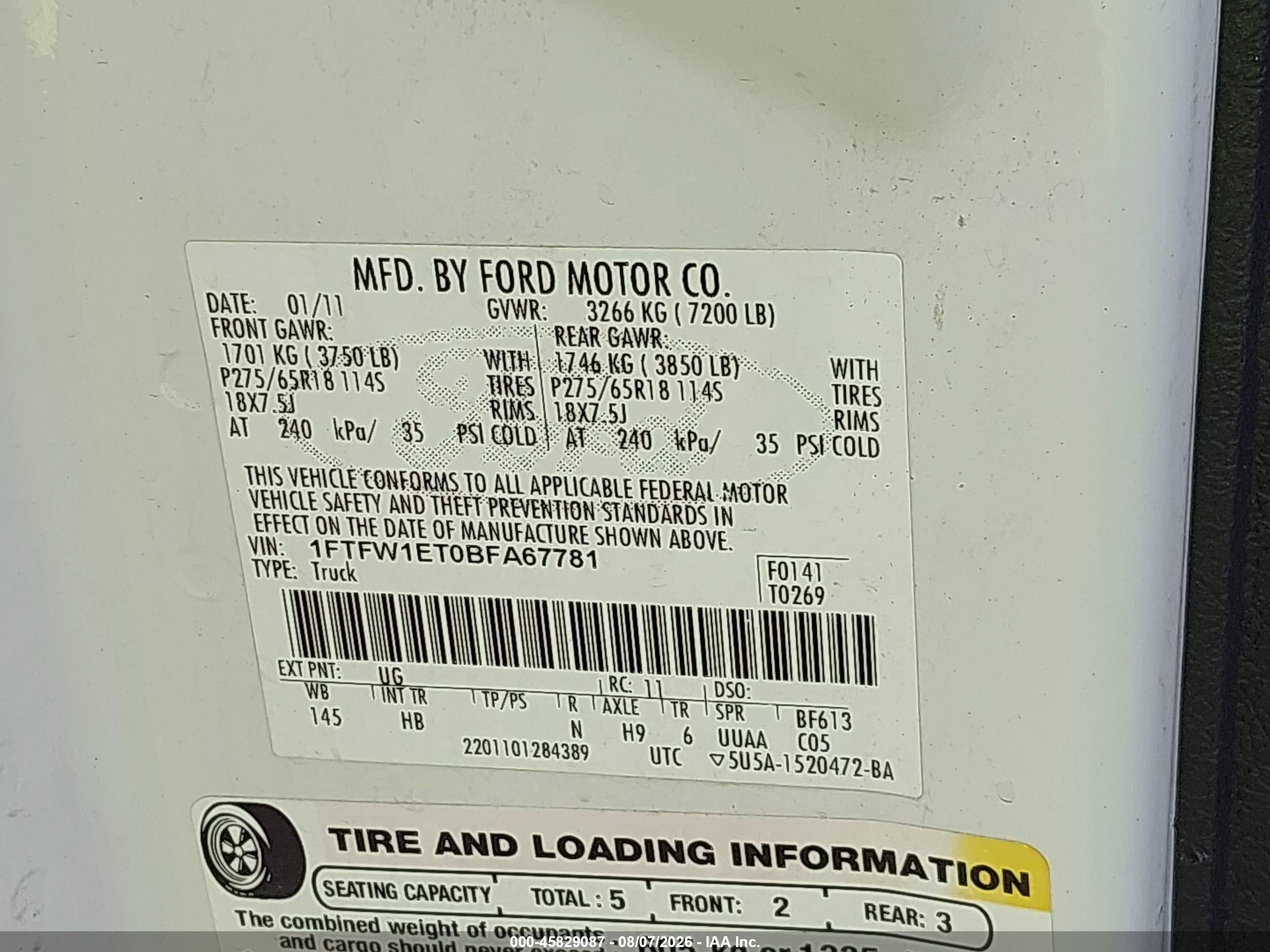 2011 Ford F-150 Lariat White vin: 1FTFW1ET0BFA67781