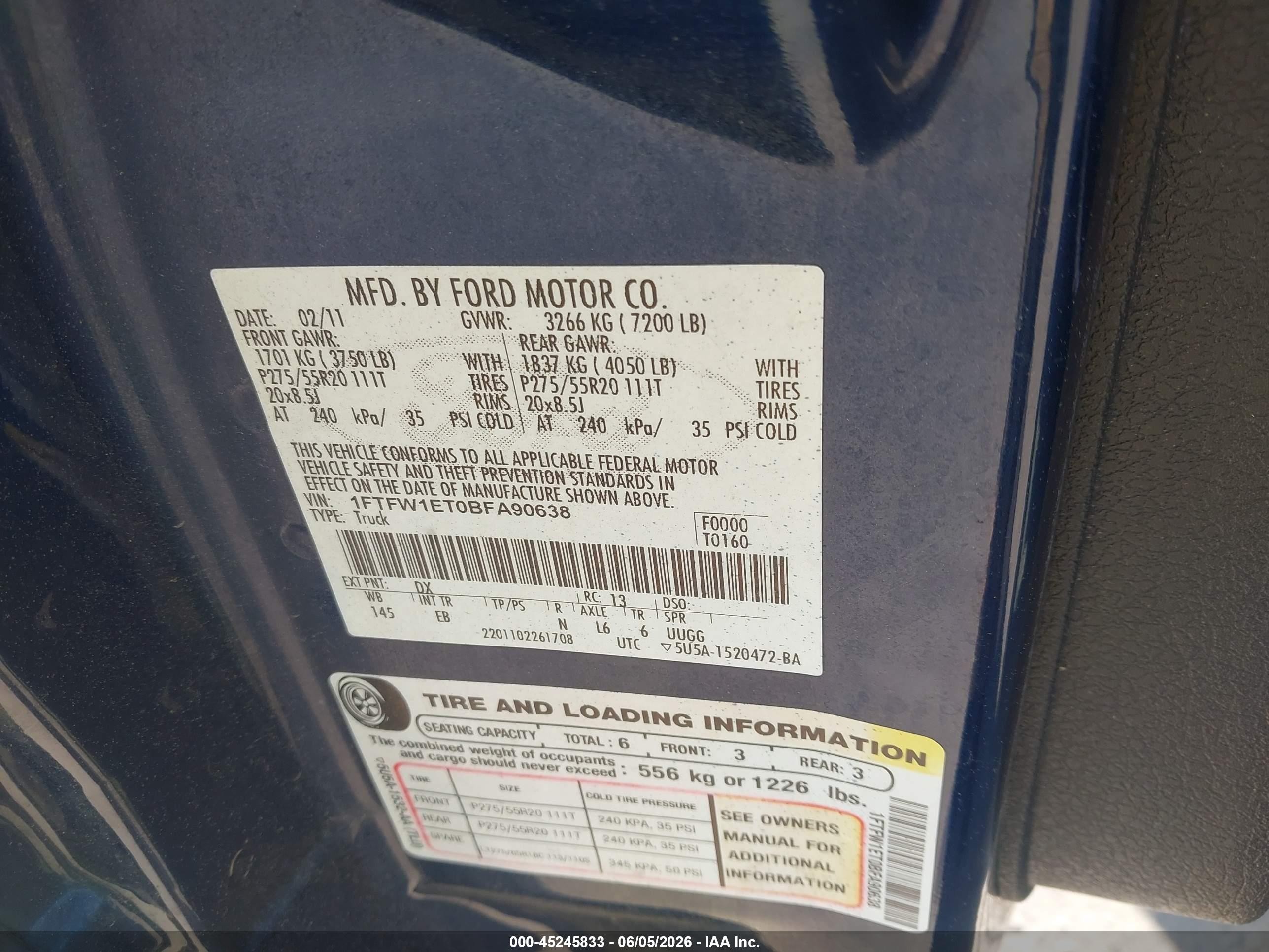 2011 Ford F-150 Lariat Blue vin: 1FTFW1ET0BFA90638
