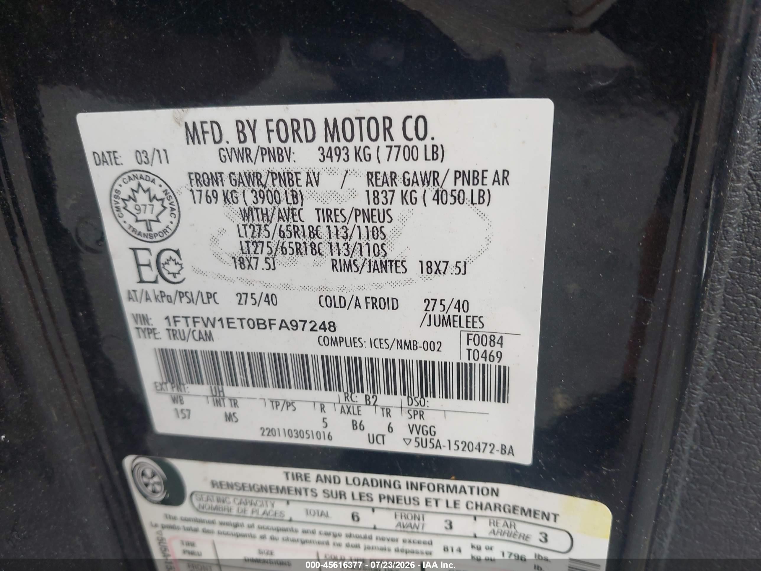 2011 Ford F-150 Xlt Black vin: 1FTFW1ET0BFA97248