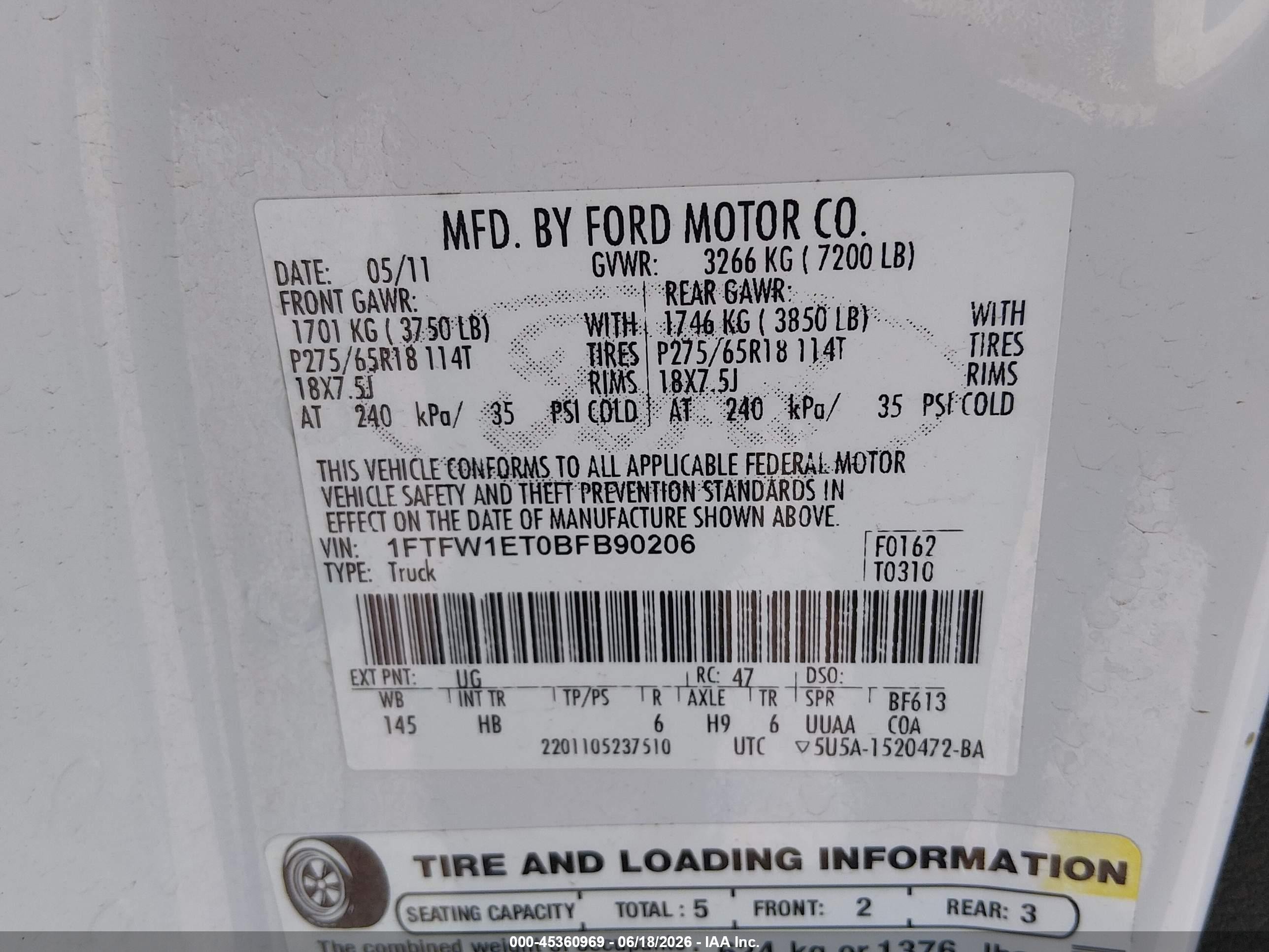 2011 Ford F-150 Lariat White vin: 1FTFW1ET0BFB90206