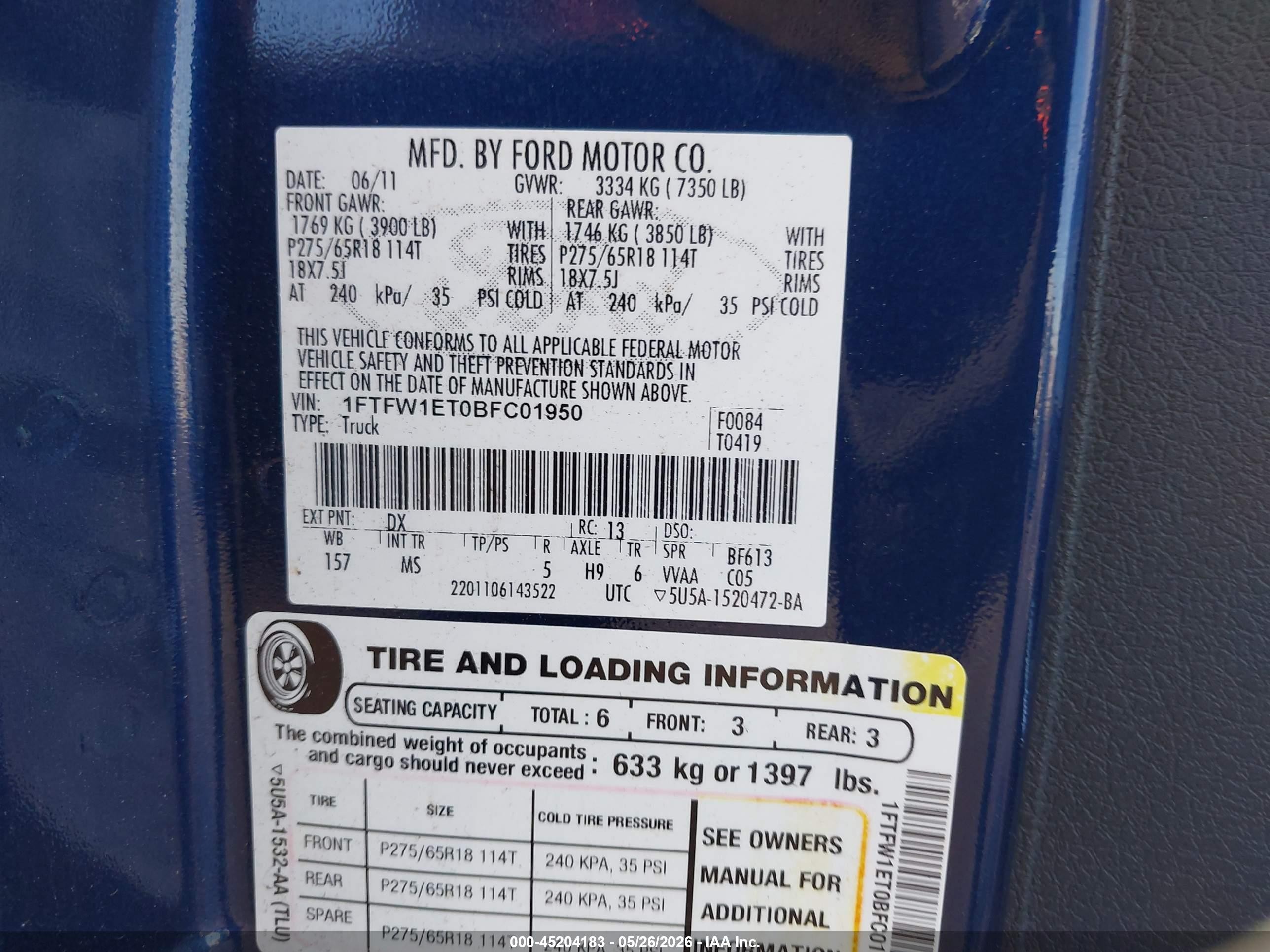 2011 Ford F-150 Xlt Blue vin: 1FTFW1ET0BFC01950