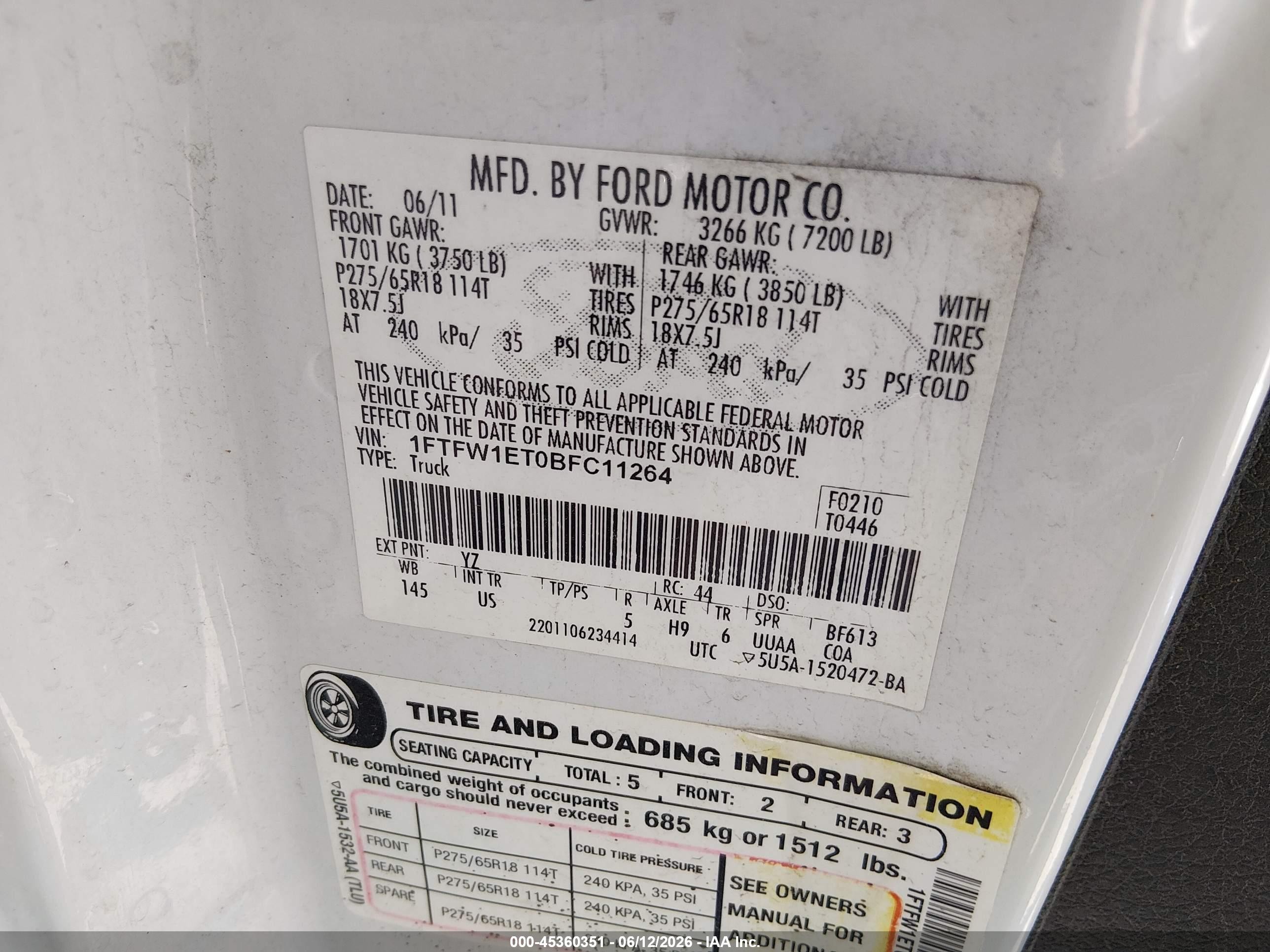 2011 Ford F-150 Xlt White vin: 1FTFW1ET0BFC11264