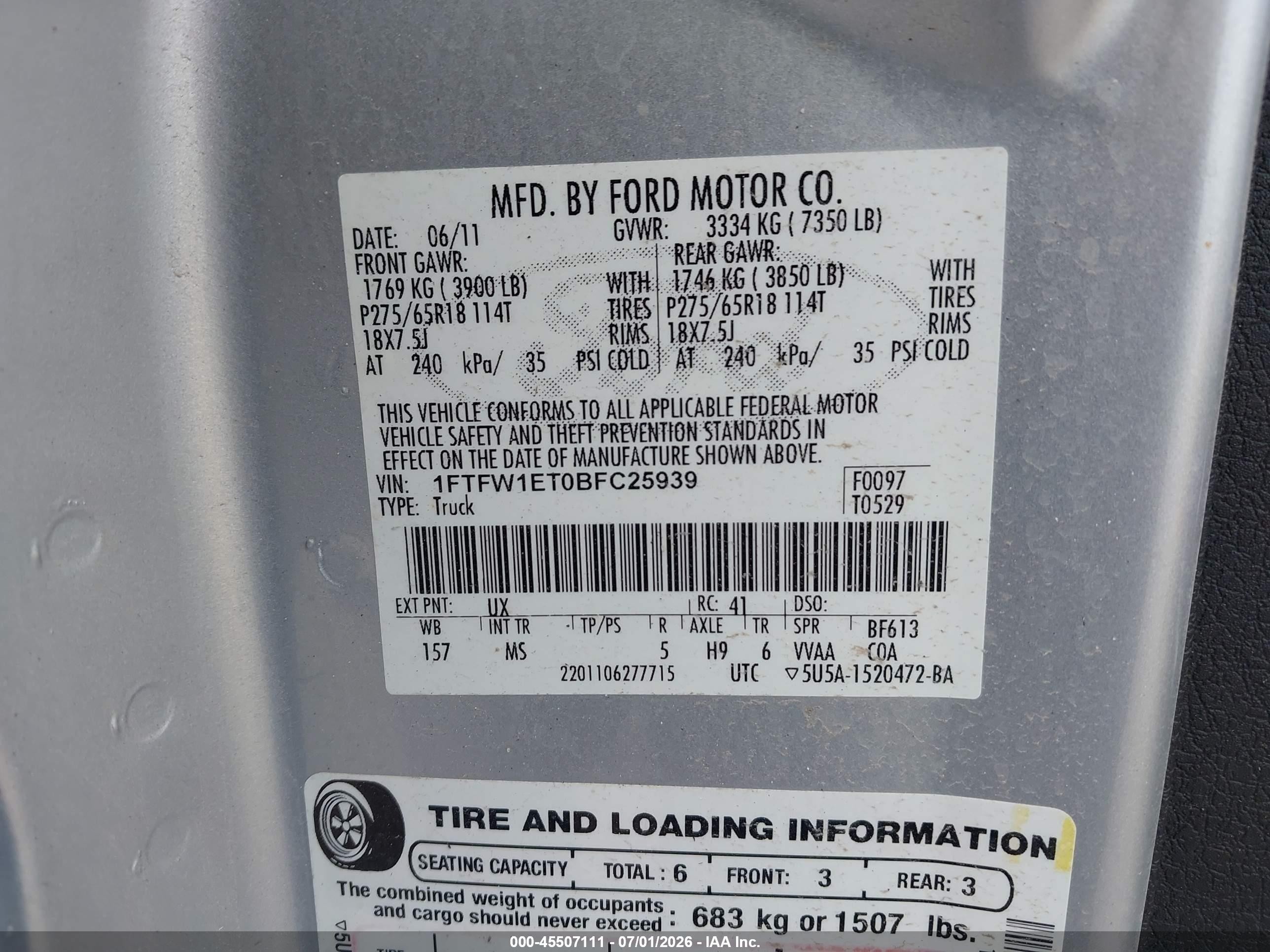 2011 Ford F-150 Fx4/king Ranch/lariat/platinum/xlt Silver vin: 1FTFW1ET0BFC25939
