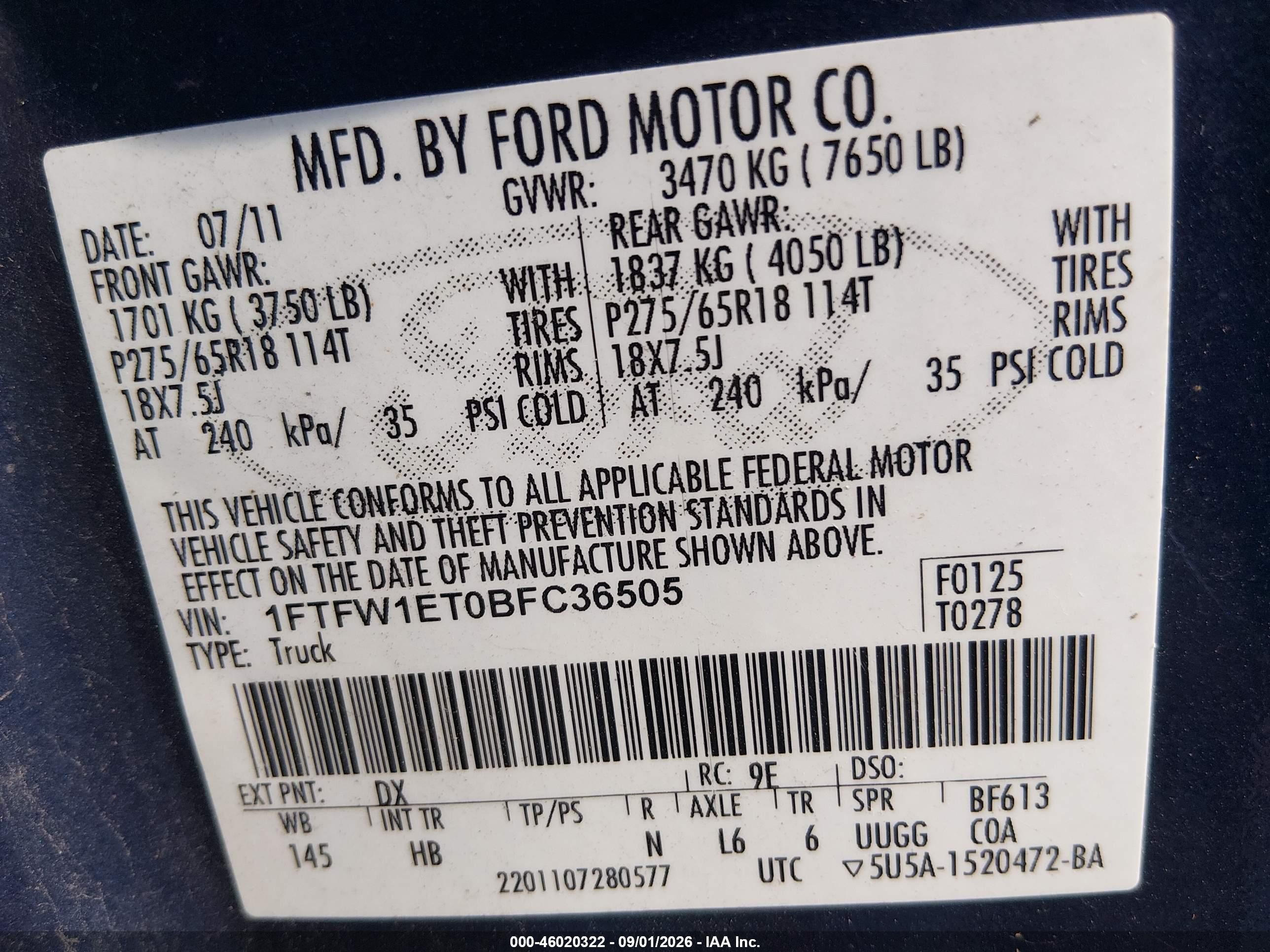 2011 Ford F-150 Lariat Dark Blue vin: 1FTFW1ET0BFC36505